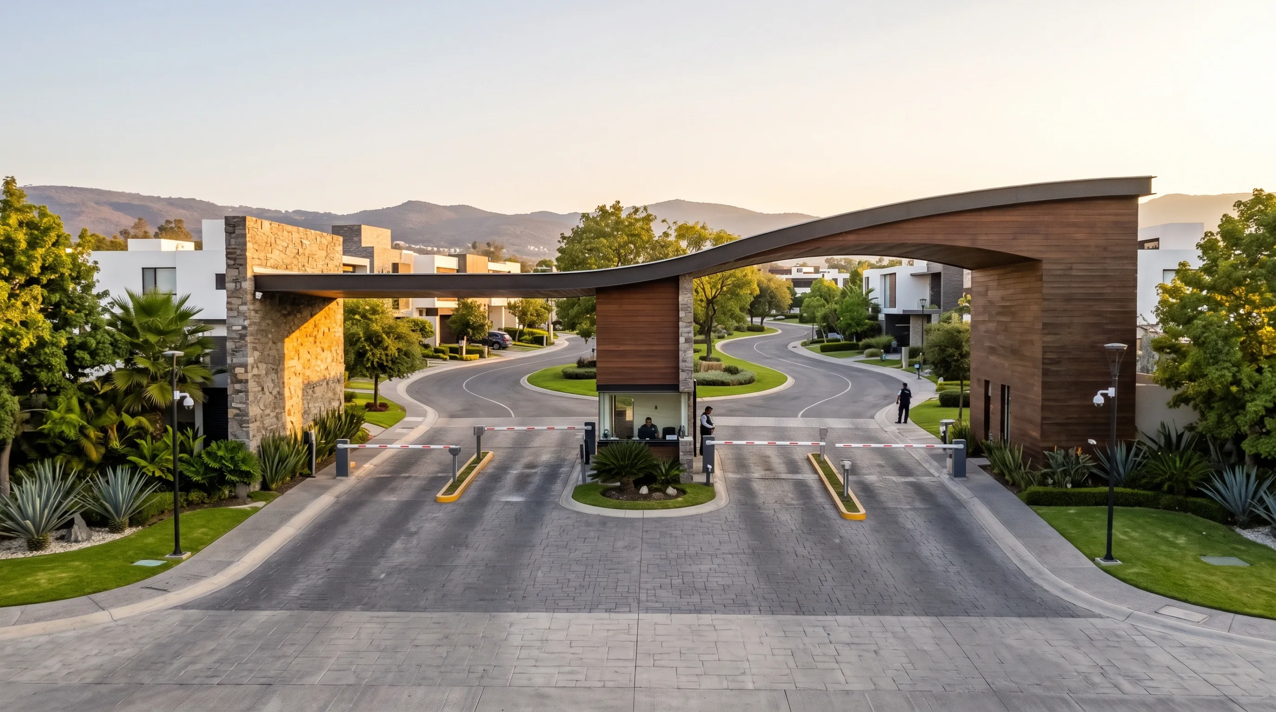 Vista panorámica de la entrada de una comunidad privada de lujo moderna con dosel curvo arquitectónico revestido en madera oscura y pilares de piedra texturizada, carriles de acceso con barreras de seguridad, caseta central, medianas ajardinadas y residencias contemporáneas con fondo de montaña bajo luz matutina, acceso exclusivo de RBA Residences en Zapopan.