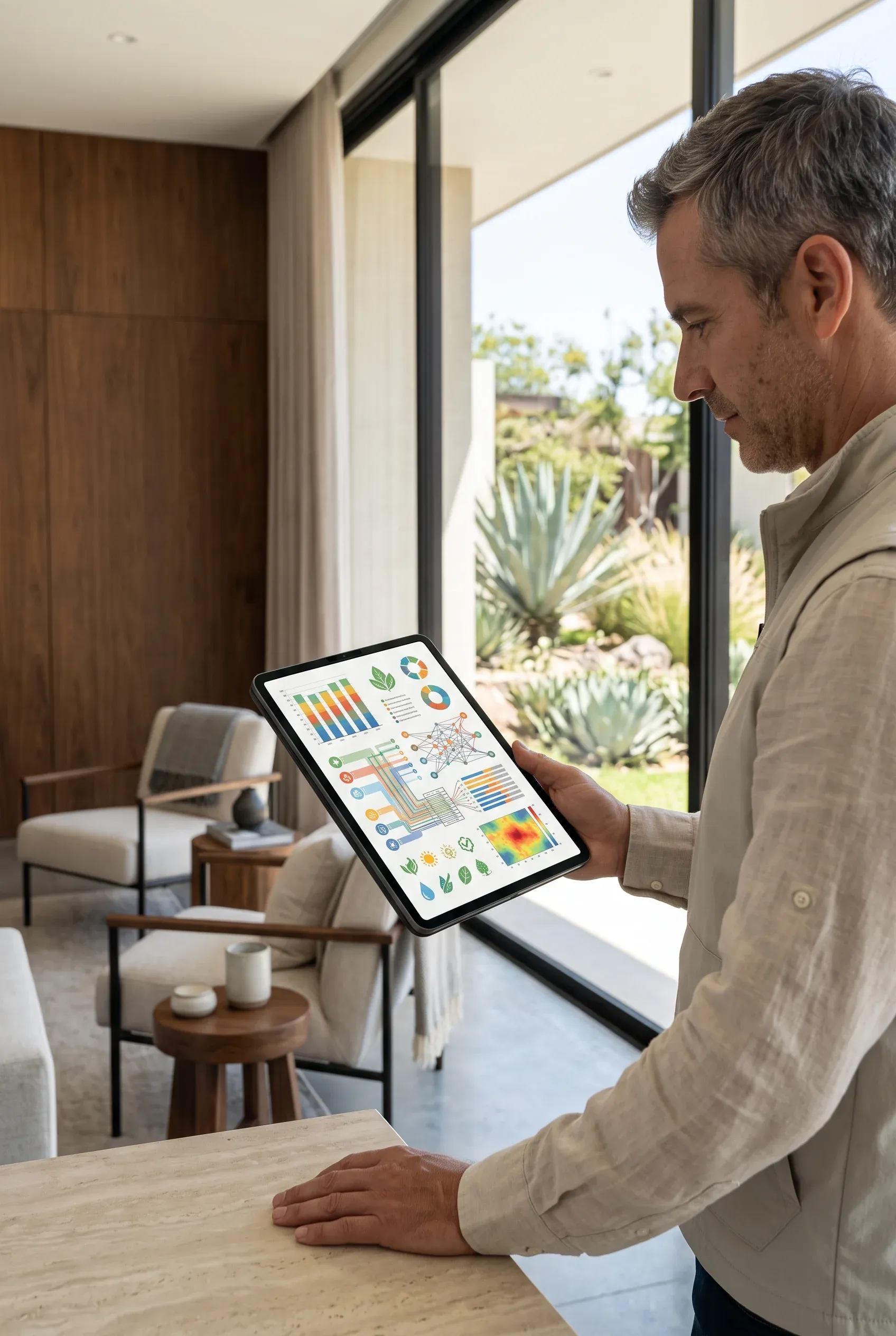 Vista de un arquitecto inspeccionando análisis de energía y métricas ambientales de domótica en una tableta, dentro de una residencia moderna de lujo con paneles de nogal y superficies de travertino, integración tecnológica inteligente de RBA Residences en Zapopan.