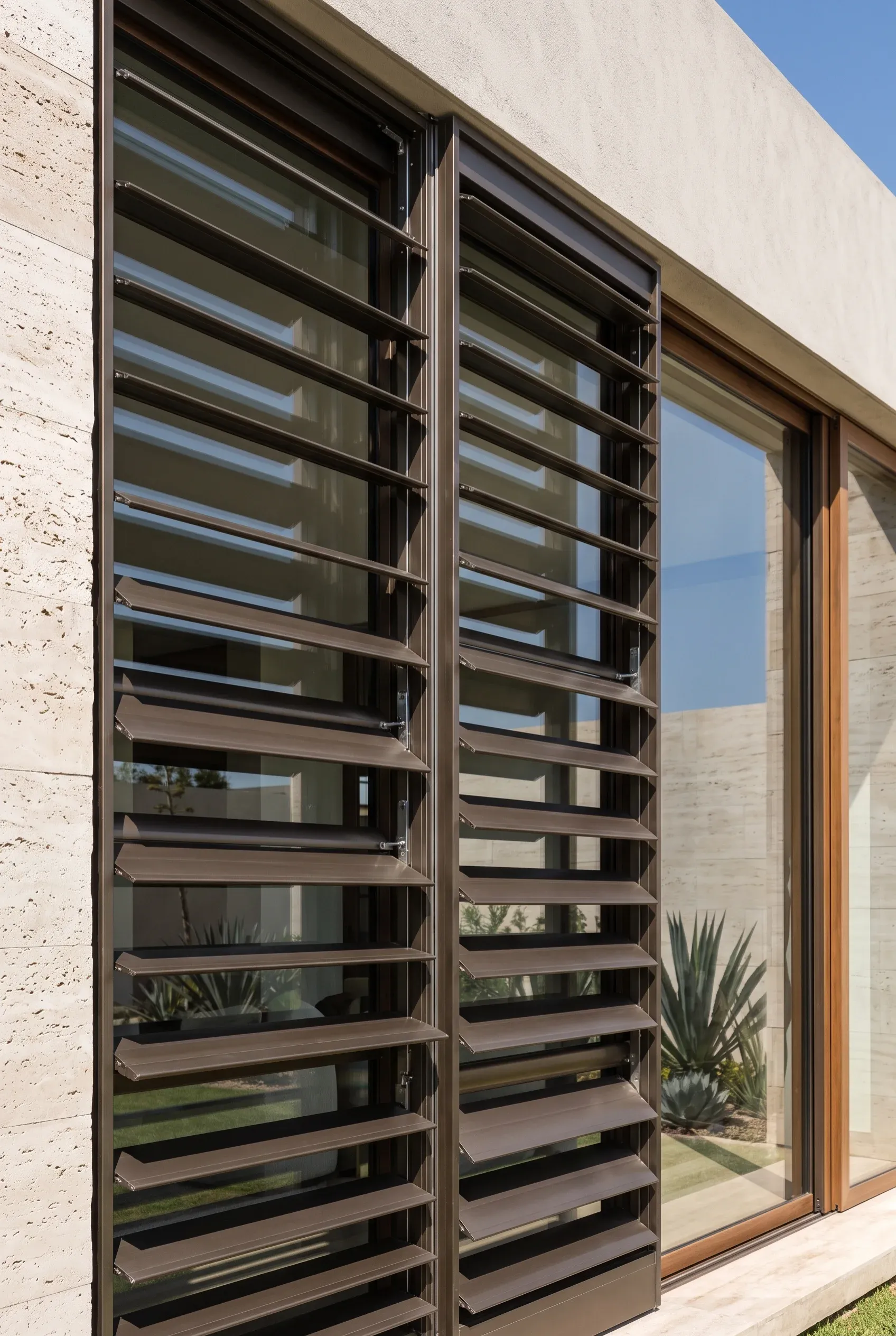 Detalle exterior de lamas solares ajustables de metal oscuro instaladas sobre correderas de vidrio de altura completa en muros revestidos de travertino de una residencia moderna, dise&ntilde;o clim&aacute;tico y fachada inteligente de RBA Residences en Zapopan.