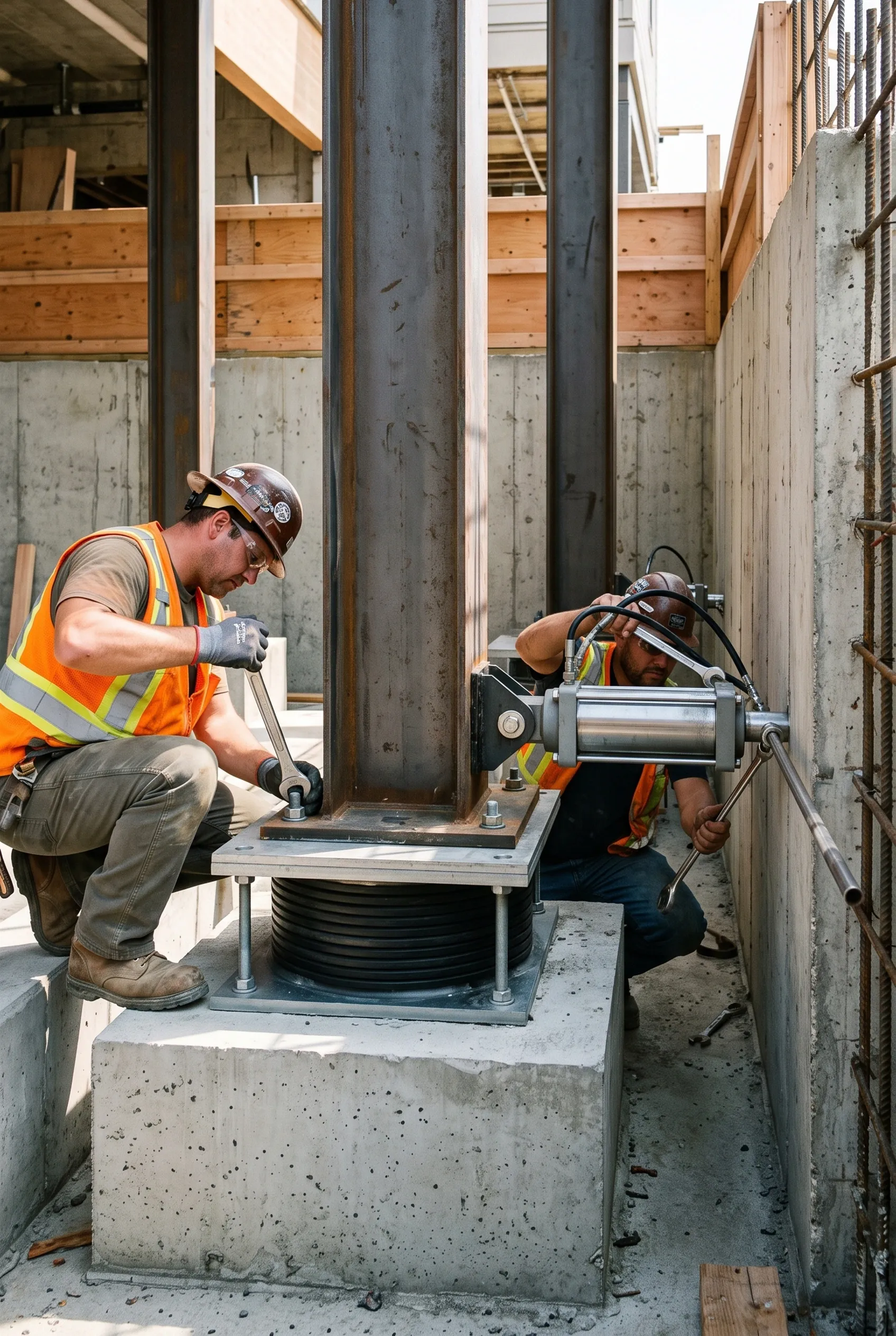 Dos trabajadores de la construcción con cascos y chalecos de alta visibilidad instalando un aislador sísmico de base de alta resistencia y soporte de columna de acero bajo la cimentación de un edificio residencial moderno, ingeniería sísmica de RBA Residences en Zapopan.