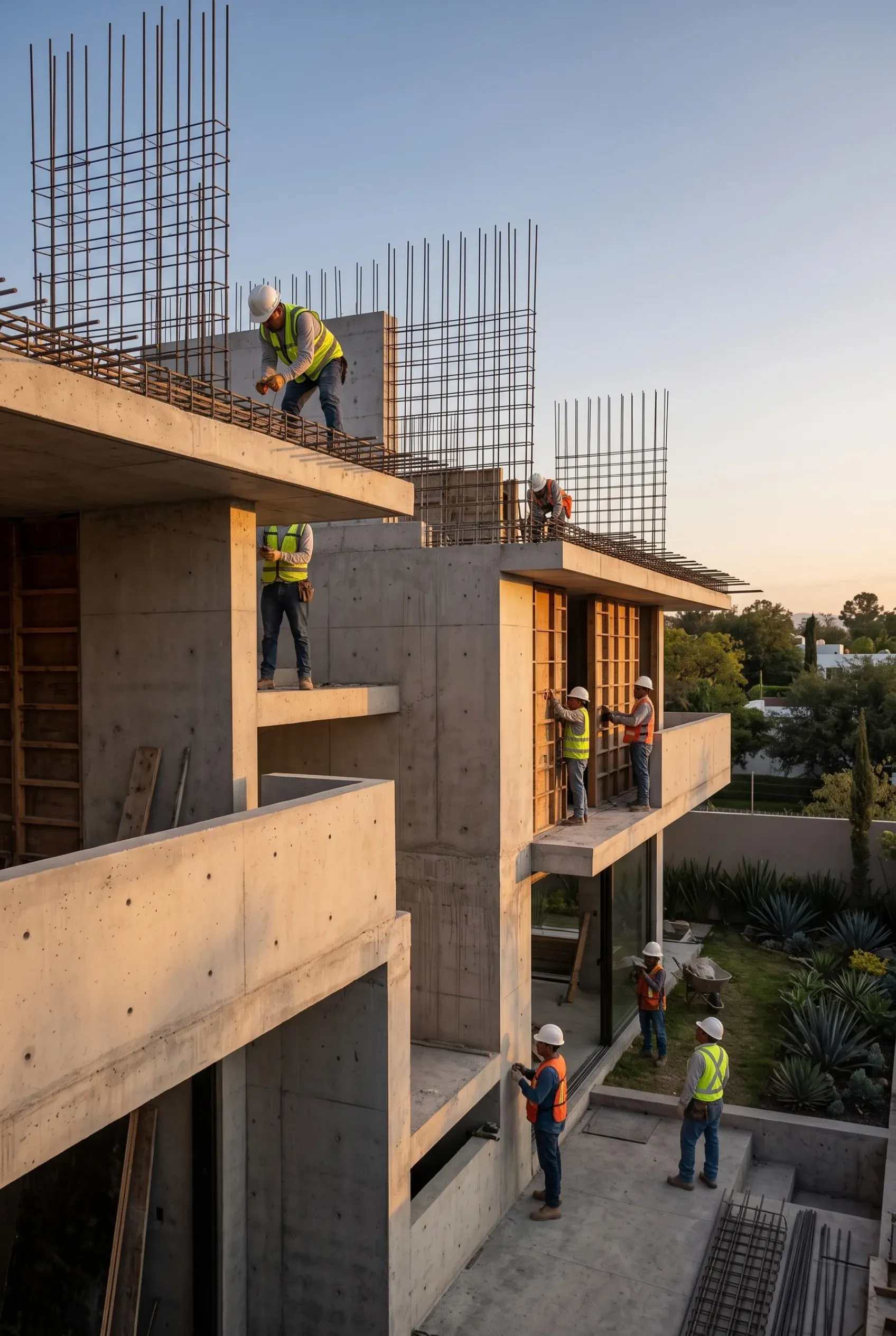 Vista del ensamblaje de estructura de concreto reforzado, posicionamiento de jaulas de varilla verticales y supervisión de la instalación de encofrados, representando la solidez estructural y el rigor constructivo de RBA Residences en Zapopan.