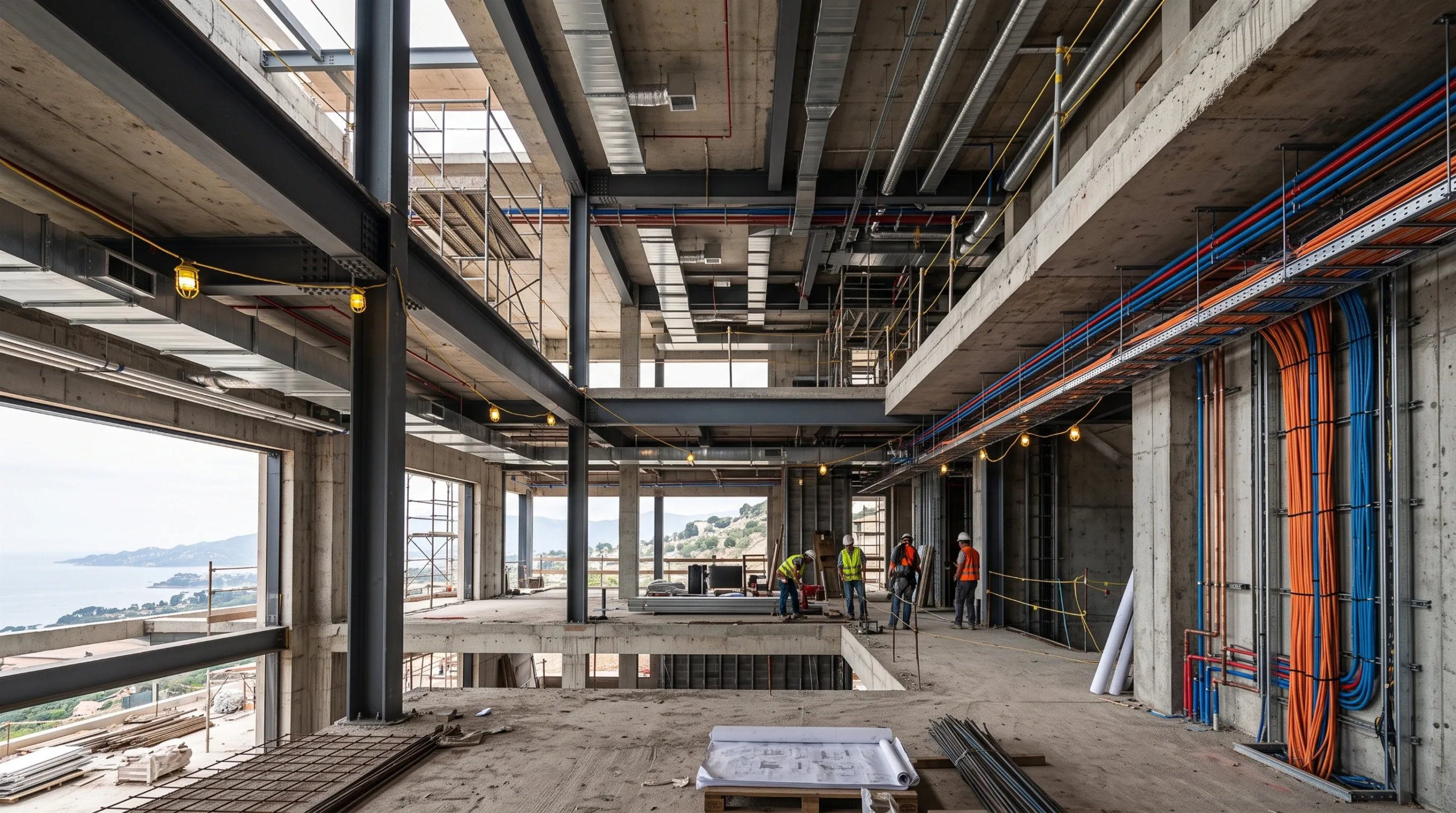 Infraestructura MEP expuesta, columnas de acero y conductos codificados por colores dentro de una construcción moderna activa en una ladera, organización técnica de RBA Residences en Zapopan.