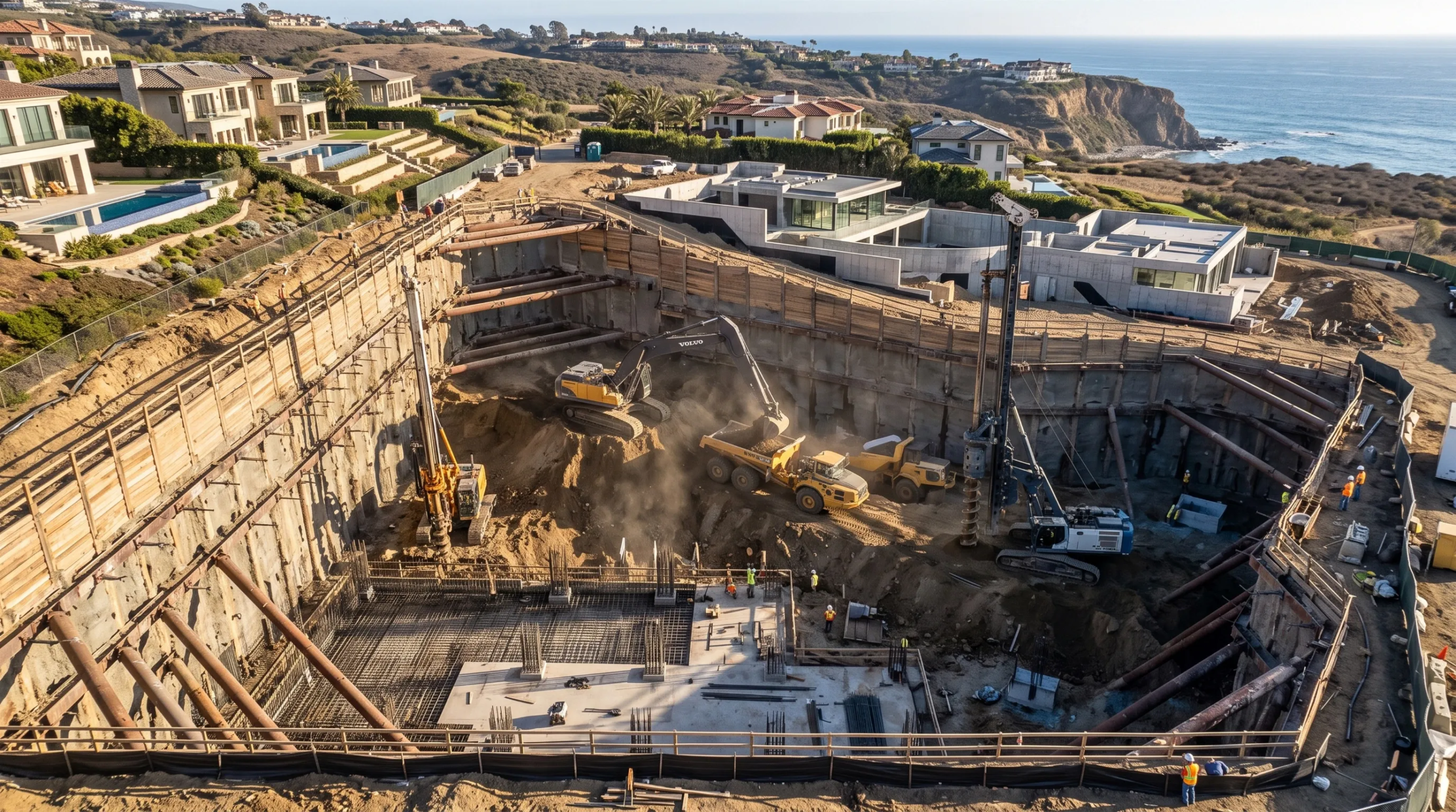 Vista aérea de una excavación costera masiva para una residencia de alta gama, con maquinaria de movimiento de tierras, perforadoras pesadas, entibado de acero y cimentación en la cima de un acantilado, ingeniería en terrenos extremos de RBA Residences en Zapopan.