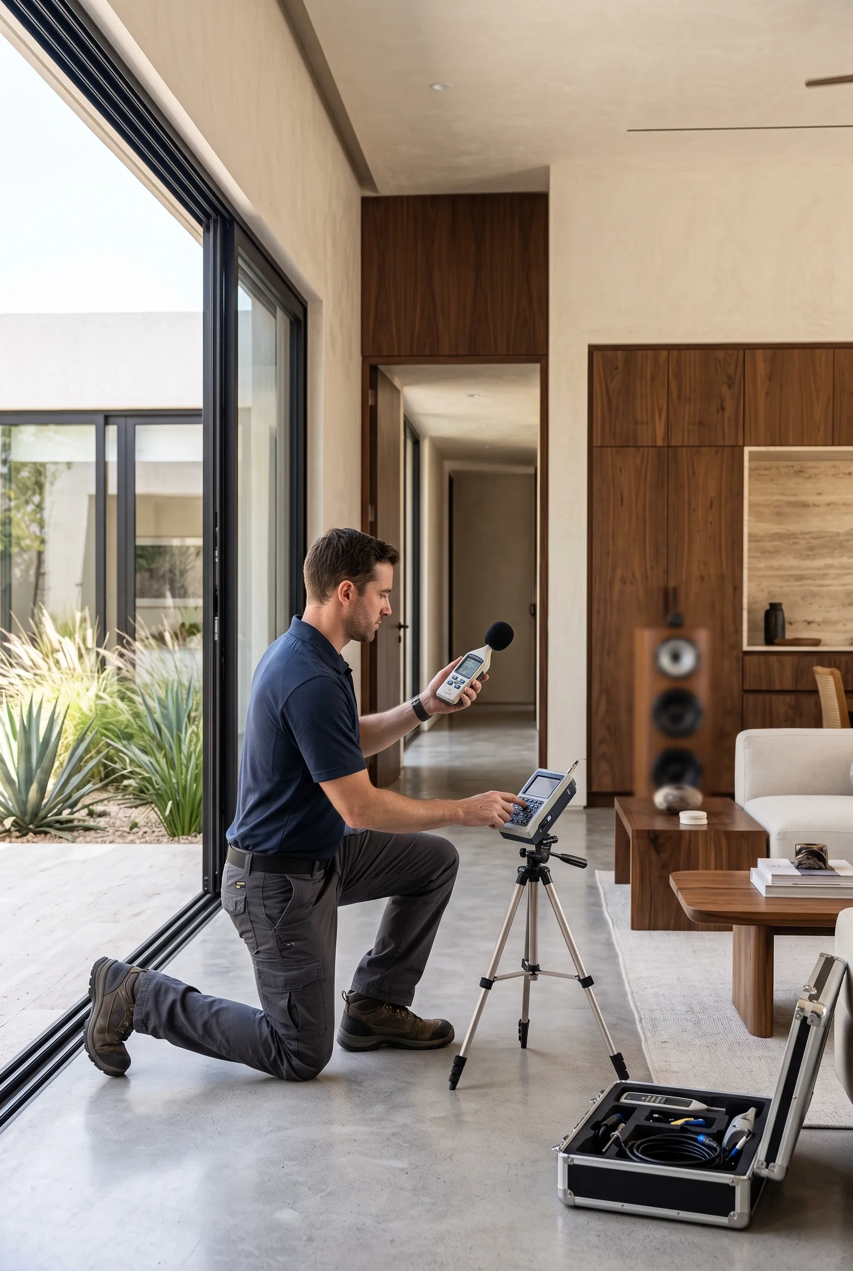 Ingeniero ac&uacute;stico realizando calibraci&oacute;n de niveles de sonido y pruebas de ruido ambiental con un medidor de decibelios de mano y un analizador montado en tr&iacute;pode dentro de una residencia moderna de lujo, confort ac&uacute;stico de RBA Residences en Zapopan.