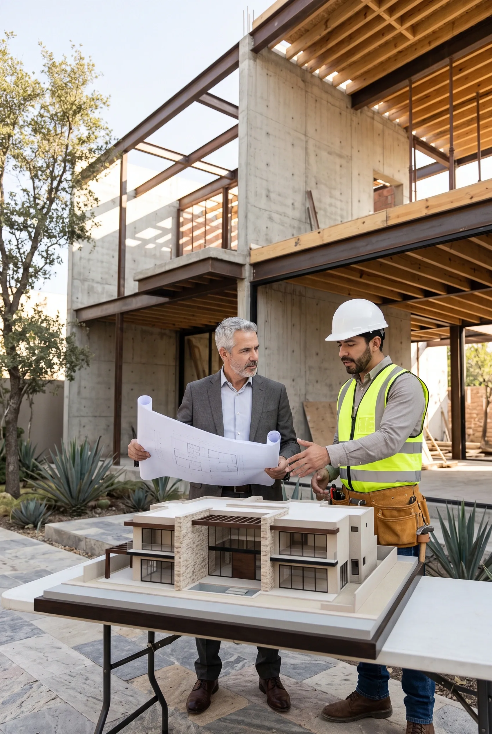 Vista de un modelo arquitect&oacute;nico a escala f&iacute;sico sobre una mesa port&aacute;til de obra al aire libre junto a planos de papel desplegados, frente a una estructura residencial de varios niveles con vigas I de acero estructural expuestas, muros de concreto con textura de encofrado, ensambles de vigas de piso de madera y estructura abierta bajo luz natural, validaci&oacute;n en sitio de RBA Residences en Zapopan.