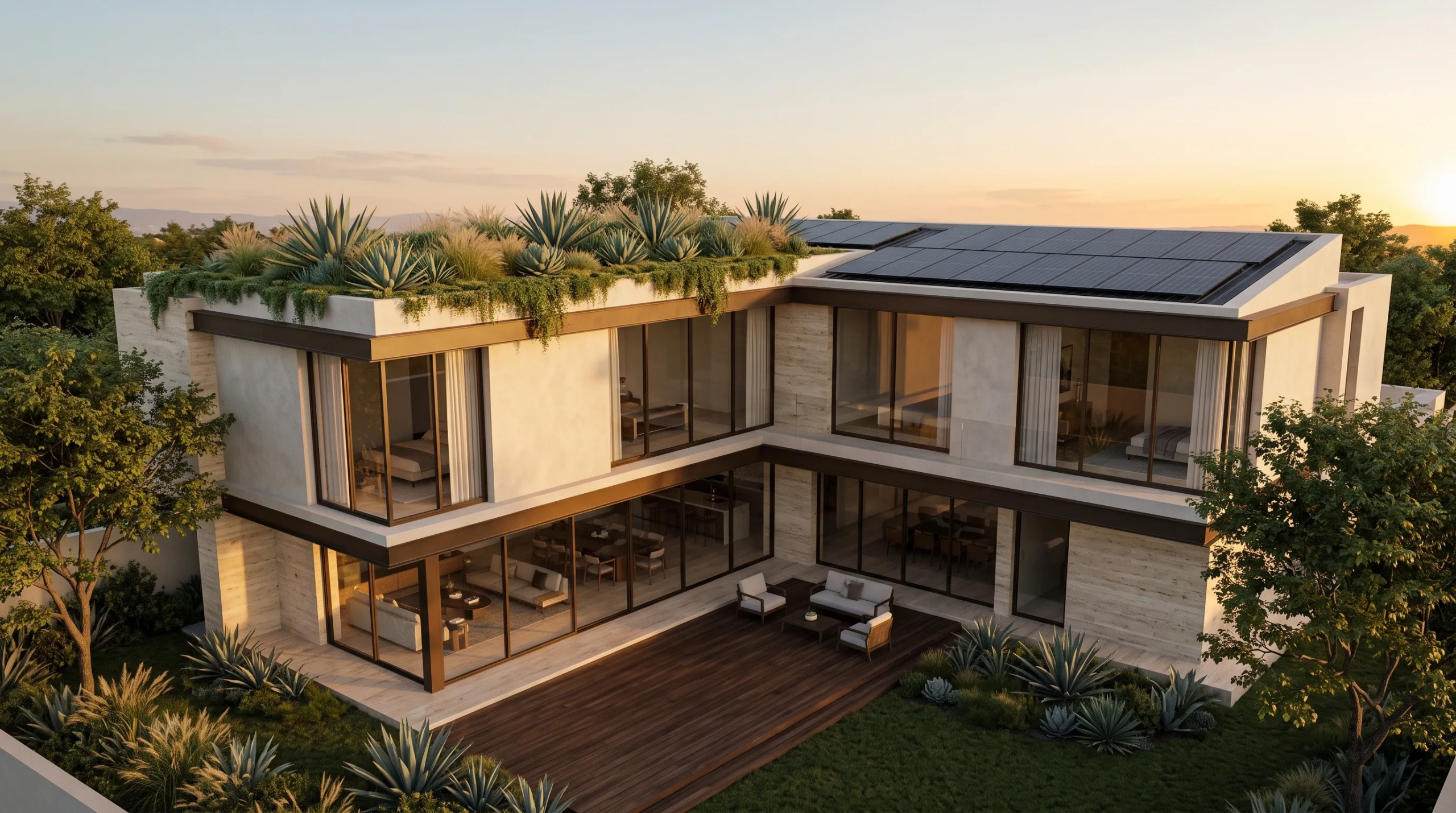Vista aérea elevada de una villa moderna de dos pisos con fachadas de vidrio de piso a techo, techo verde con agaves y paneles solares, muros revestidos de travertino y una terraza de madera en forma de L con sala exterior al atardecer, diseño integral de RBA Residences en Zapopan.