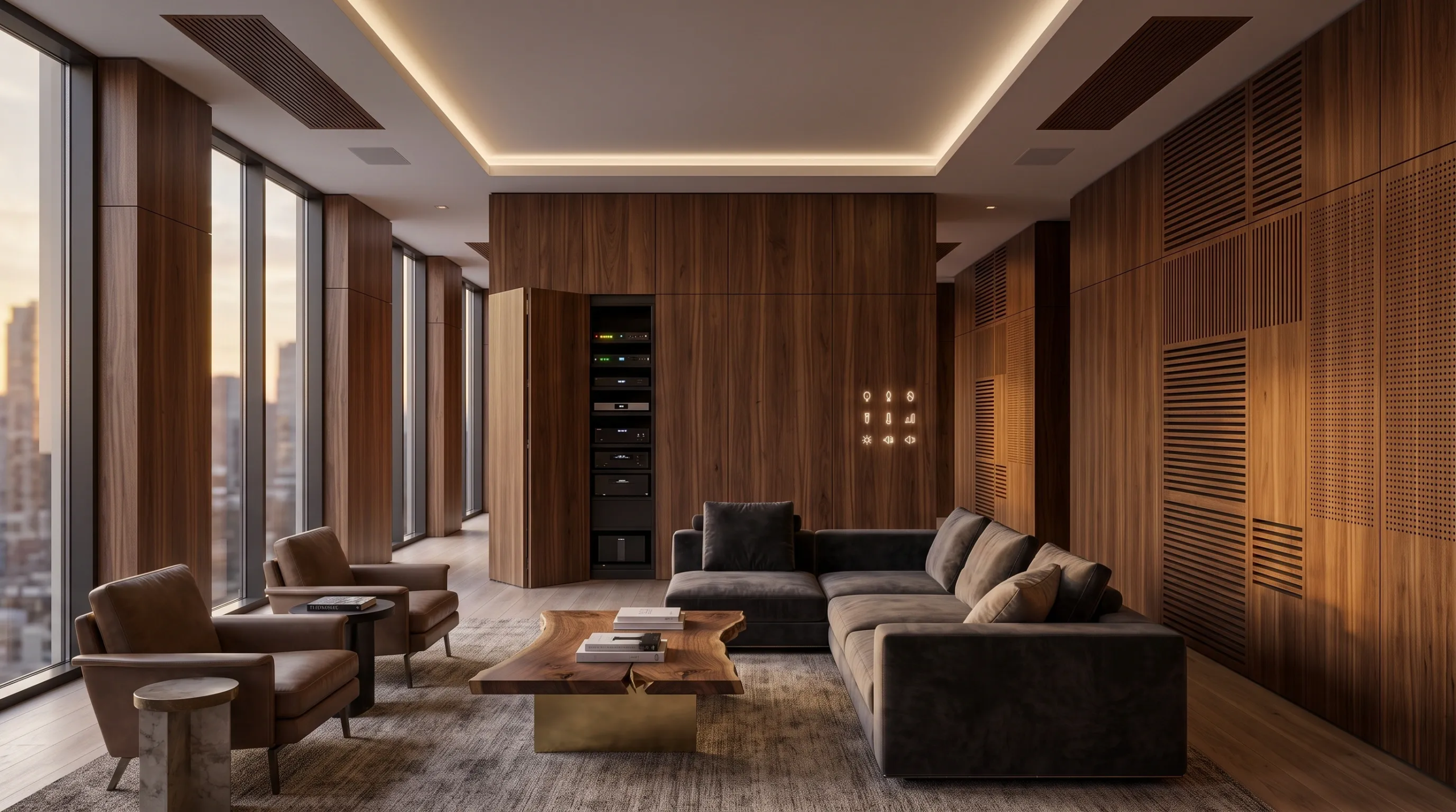Sala de estar de lujo en penthouse ejecutivo con paneles ac&uacute;sticos de nogal de piso a techo y rack de equipos oculto, mesa de centro de losa de borde vivo, sof&aacute; de terciopelo y vistas panor&aacute;micas al horizonte, dise&ntilde;o de interiores de RBA Residences en Zapopan.