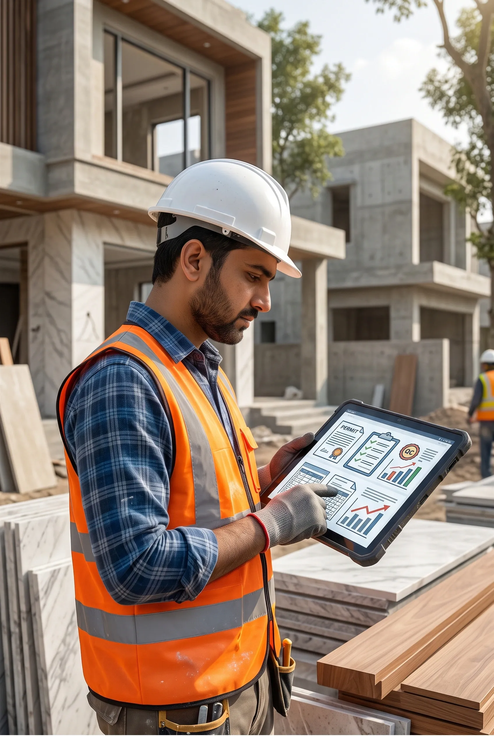 Supervisor de construcción inspeccionando métricas de proyecto en una tableta frente a villas de lujo modernas en construcción, gestión transparente de RBA Residences en Zapopan.