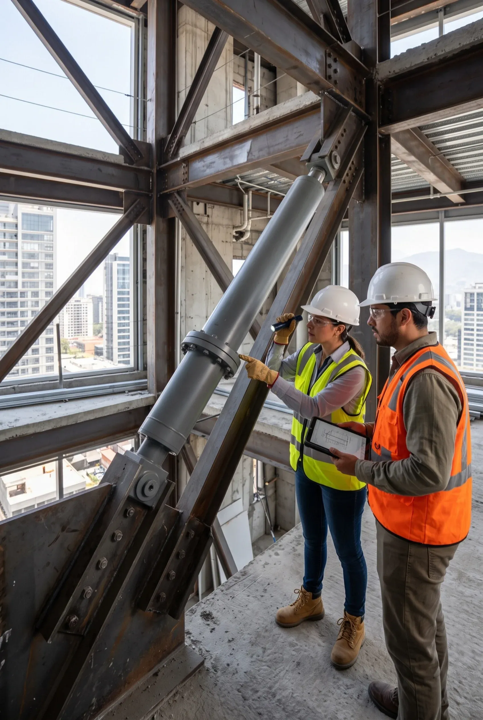 Vista de una inspección del marco estructural y verificación de conexiones de amortiguadores sísmicos en una obra, representando la ingeniería de resiliencia sísmica y seguridad estructural avanzada de RBA Residences en Zapopan.