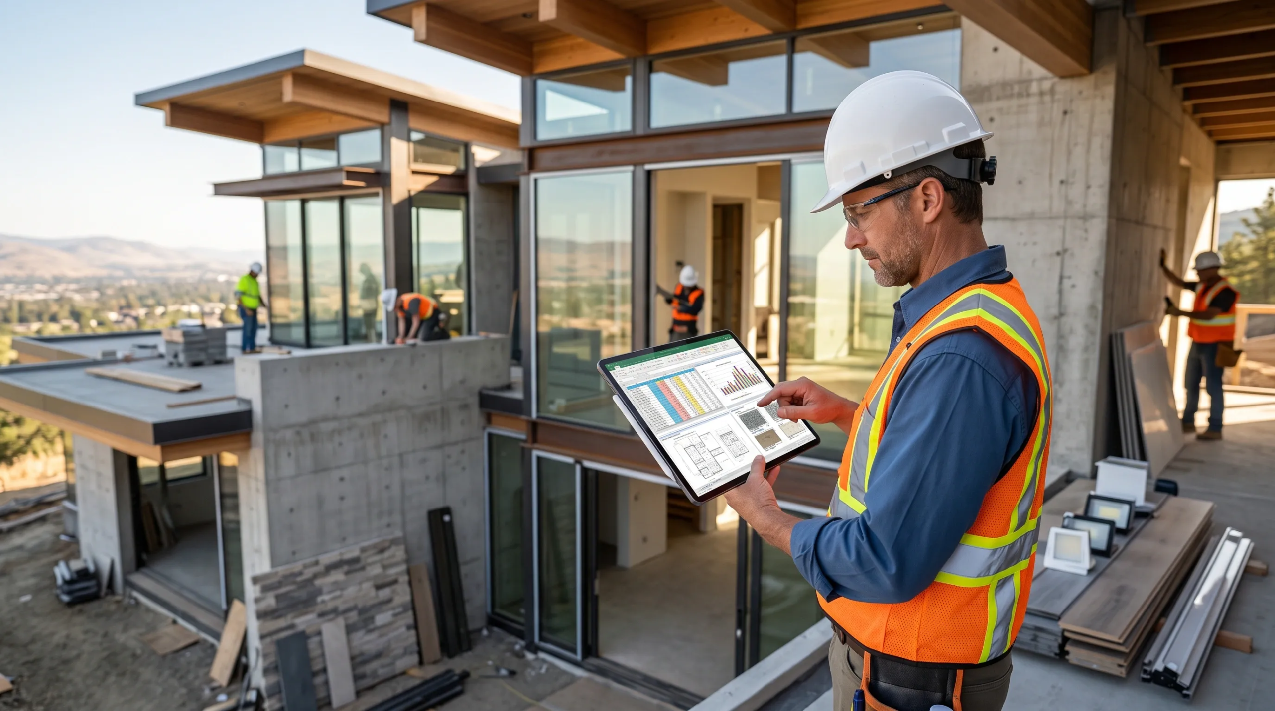 Gerente de proyecto con casco revisando esquemas BIM en una tableta digital en un sitio de construcción de residencia de lujo moderna en una ladera, gestión topográfica de RBA Residences en Zapopan.