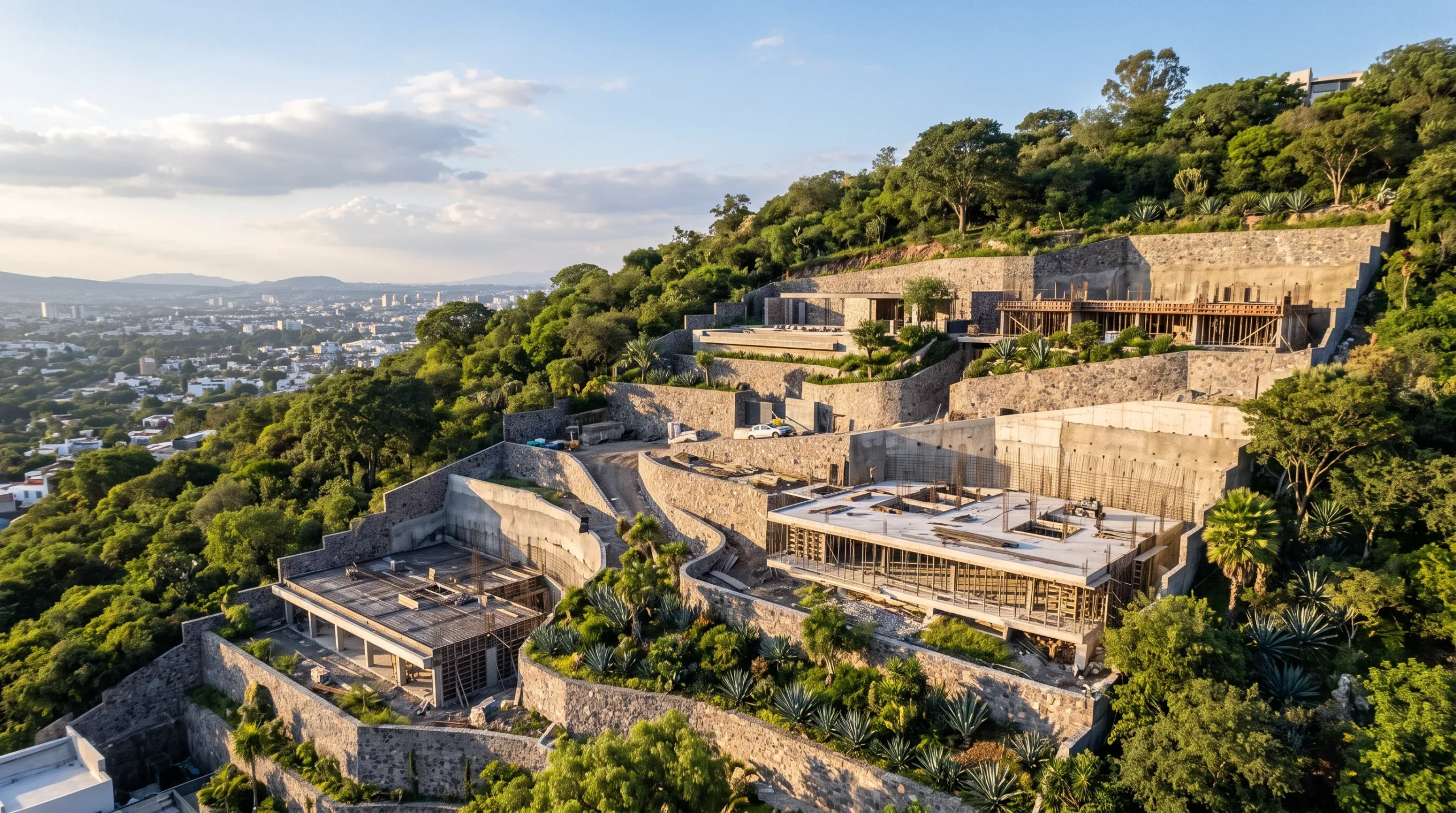 Vista aérea de sitios de construcción residencial de lujo integrados en laderas escalonadas, con muros de contención de concreto, cimentaciones estructurales y exuberante vegetación circundante con vista al horizonte de la ciudad, dominio del terreno de RBA Residences en Zapopan.