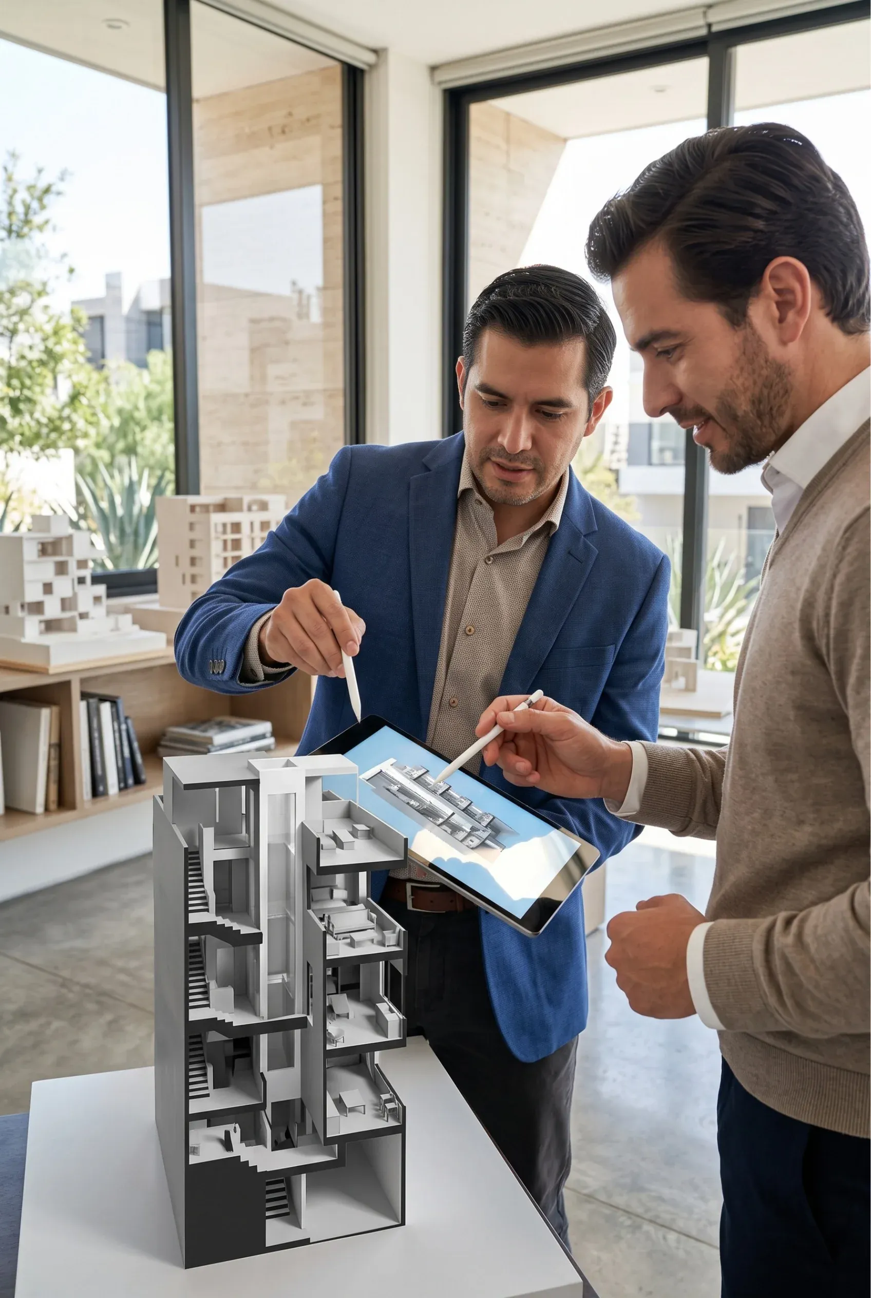 Vista de una maqueta física de sección transversal de un edificio junto a la revisión de un modelo digital 3D y la coordinación de planos de planta, validación espacial y precisión volumétrica de RBA Residences en Zapopan.