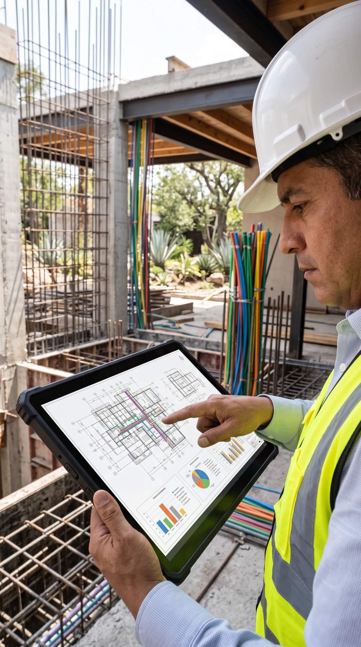 Ingeniero de construcción con casco y chaleco de seguridad inspeccionando planos CAD y análisis de progreso del proyecto en una tableta en un sitio de construcción de concreto reforzado, precisión digital de RBA Residences en Zapopan.