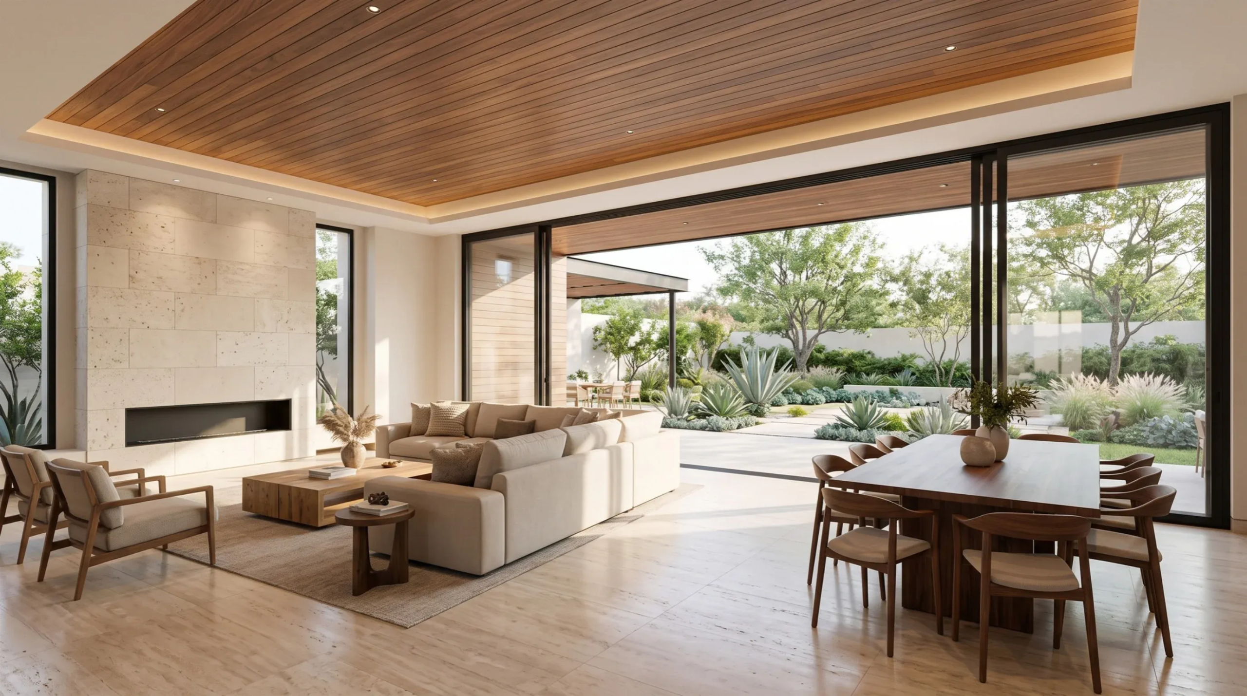 Vista de la verificación de la instalación de un techo de listones de madera, integración de puertas corredizas de vidrio de gran formato e inspección del revestimiento de chimenea de travertino, representando la cohesión arquitectónica y la fluidez de materiales de RBA Residences en Zapopan.