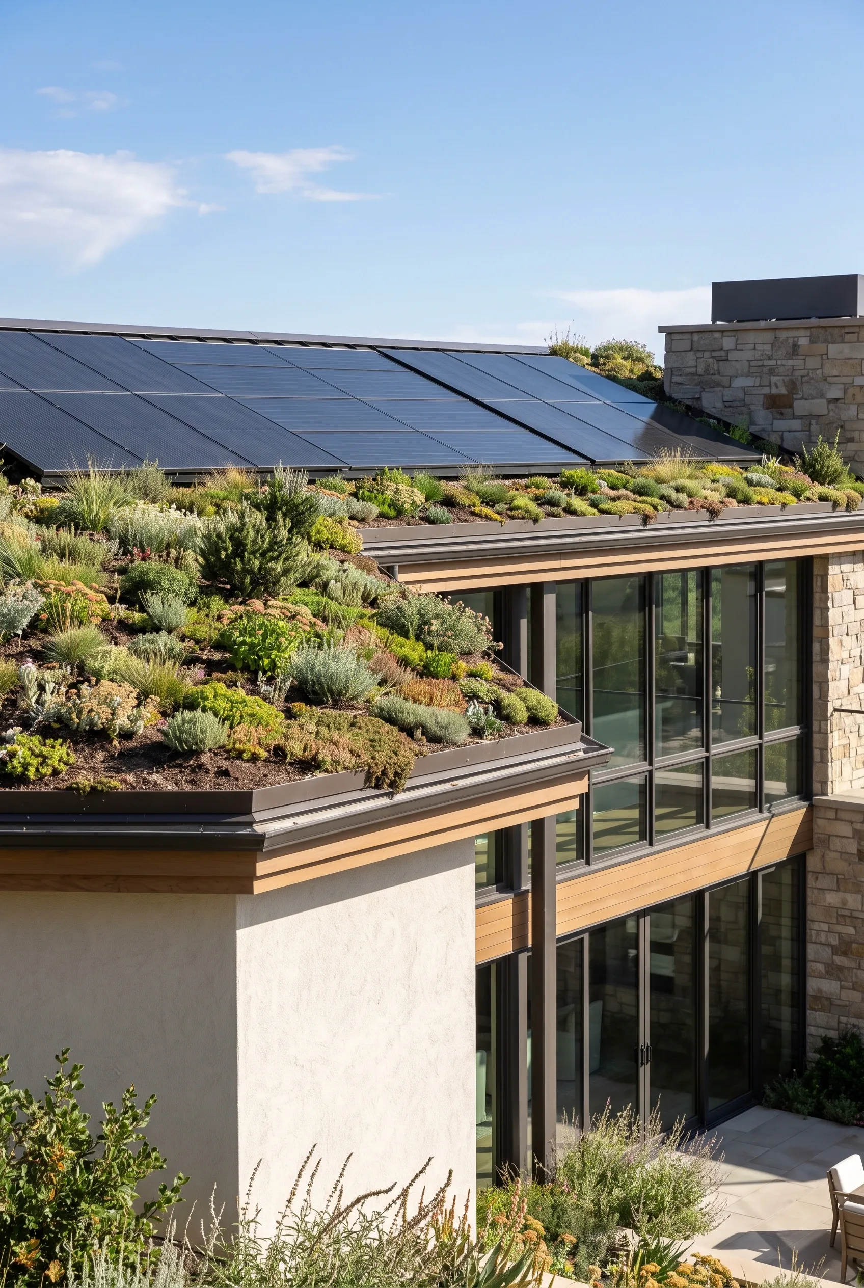 Vista arquitectónica de una casa de lujo sostenible moderna con techo verde vivo de sedum y pastos nativos junto a elegantes paneles solares, innovación ecológica de RBA Residences en Zapopan.