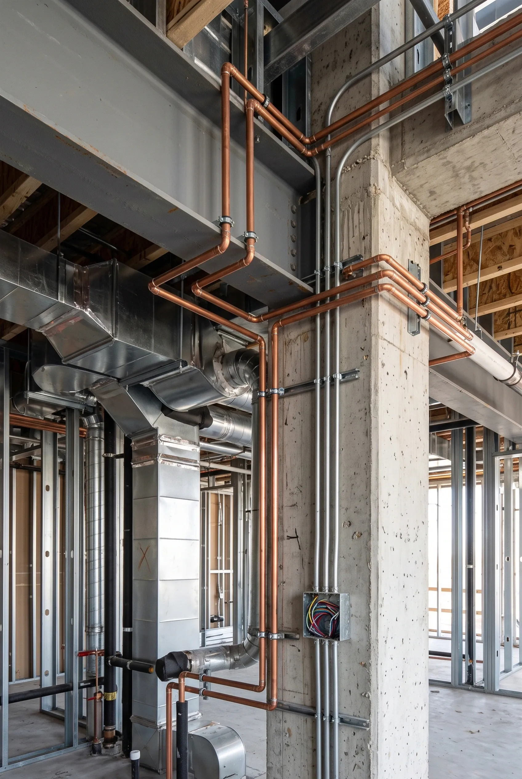 Infraestructura MEP expuesta con tubería de cobre impecable, conductos eléctricos sobre columna de concreto crudo y ductos de HVAC de lámina metálica en una residencia en construcción, ejecución técnica de RBA Residences en Zapopan.