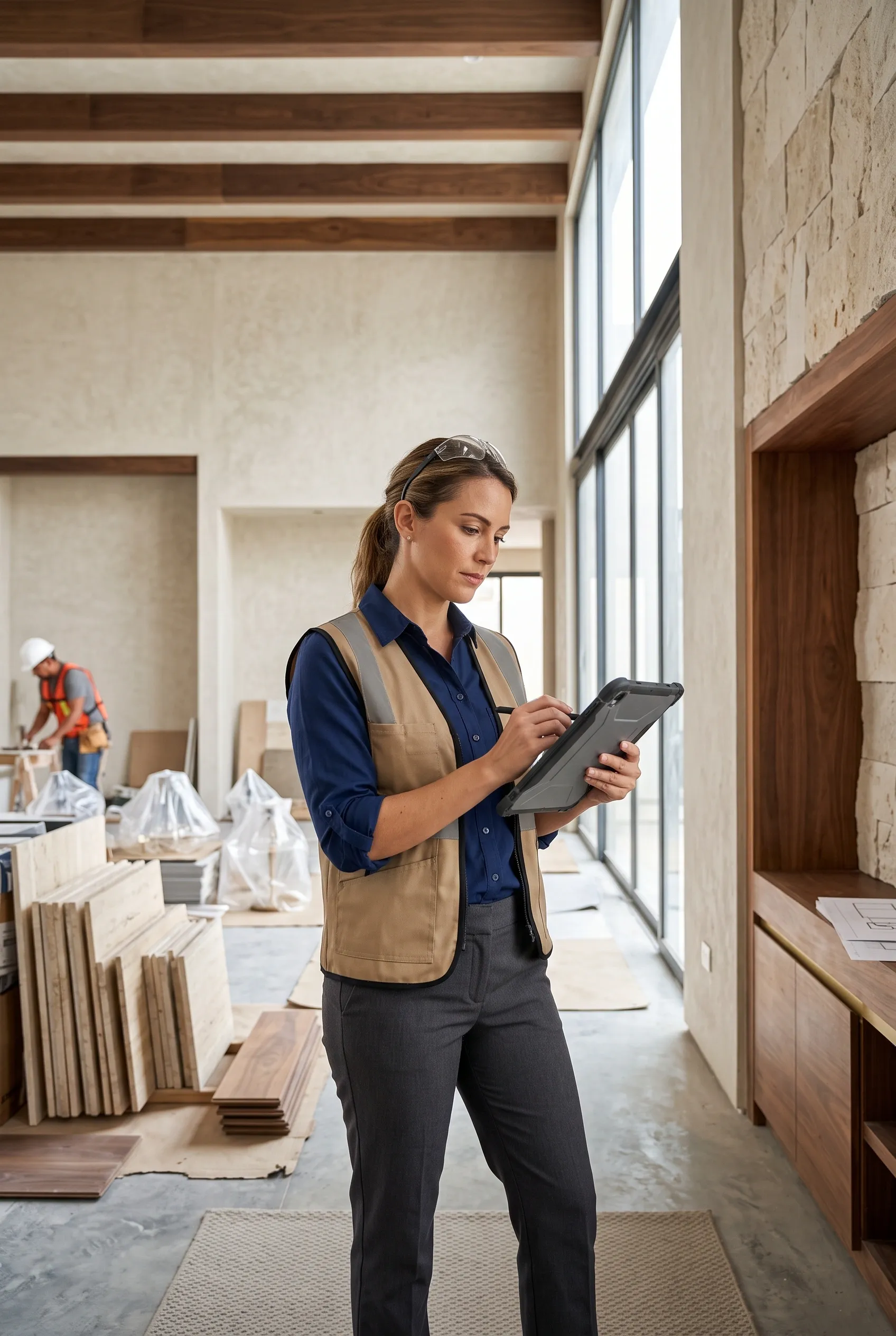 Vista de una inspección de obra digital en una tableta resistente, dentro de un interior residencial de lujo con vigas de techo de madera expuestas, revestimiento de muro de piedra texturizada, pisos de concreto pulido y materiales de piso arquitectónico apilados, control de calidad digital de RBA Residences en Zapopan.