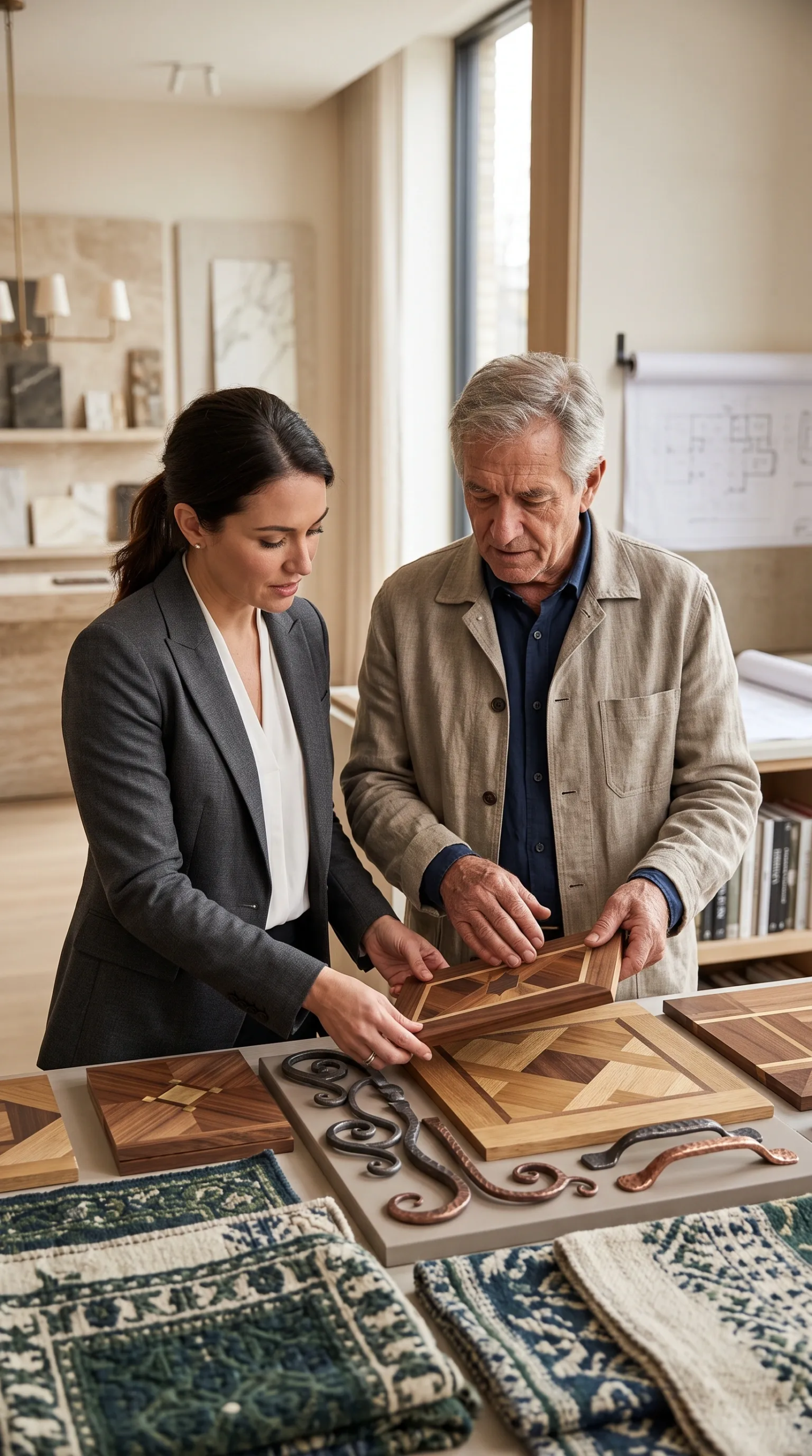 Dise&ntilde;ador de interiores y cliente revisando muestras de parquet de madera personalizado, herrajes de hierro forjado a mano y muestras de textiles en un estudio de dise&ntilde;o de lujo, curadur&iacute;a de materiales de RBA Residences en Zapopan.