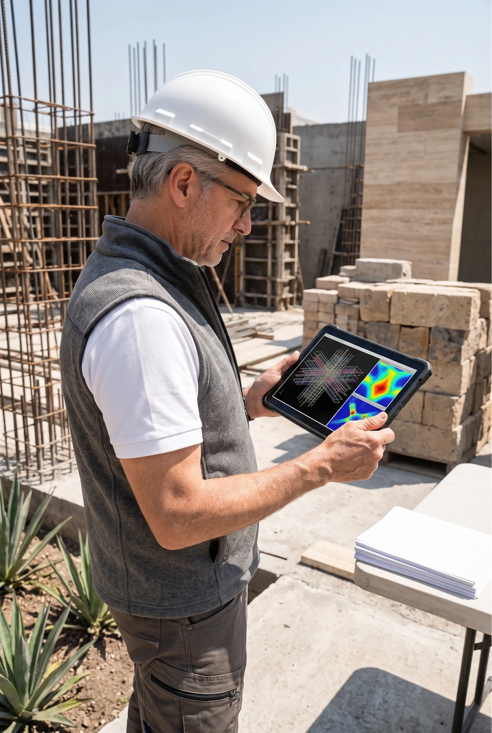 Vista de una tableta digital port&aacute;til mostrando un an&aacute;lisis wireframe 3D de varilla estructural y un mapa de calor de tensi&oacute;n t&eacute;rmica, sobre un sitio de construcci&oacute;n activo con columnas verticales de concreto y varilla expuesta, encofrado de concreto, bloques de piedra apilados, revestimiento de pared de travertino y una jardinera de agaves, validaci&oacute;n de ingenier&iacute;a de RBA Residences en Zapopan.