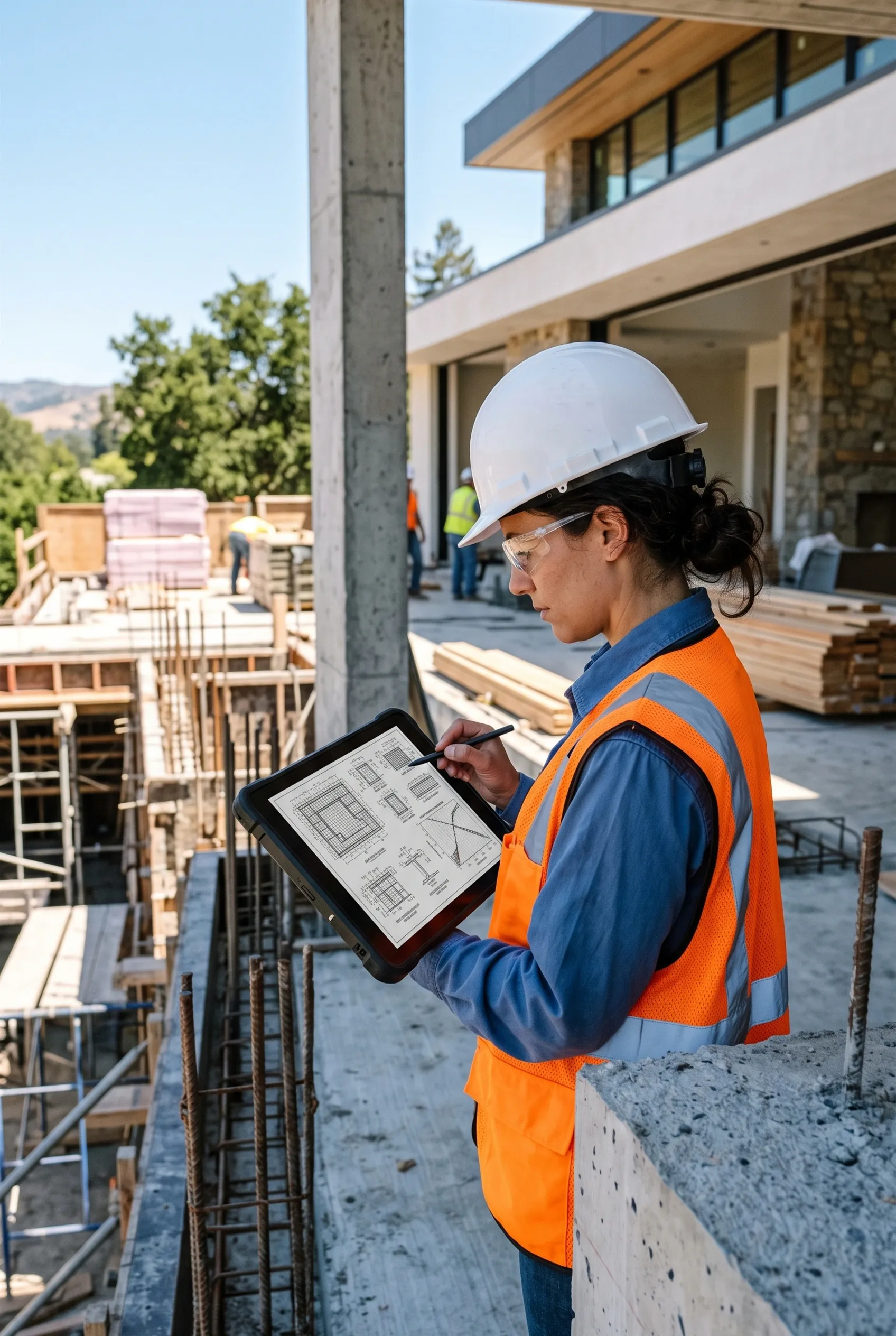 Mujer gerente de obra con casco blanco, chaleco naranja de alta visibilidad y gafas de protección revisando planos digitales y esquemas arquitectónicos con un lápiz óptico en una tableta resistente en un sitio de construcción residencial de lujo activo, fidelidad arquitectónica de RBA Residences en Zapopan.