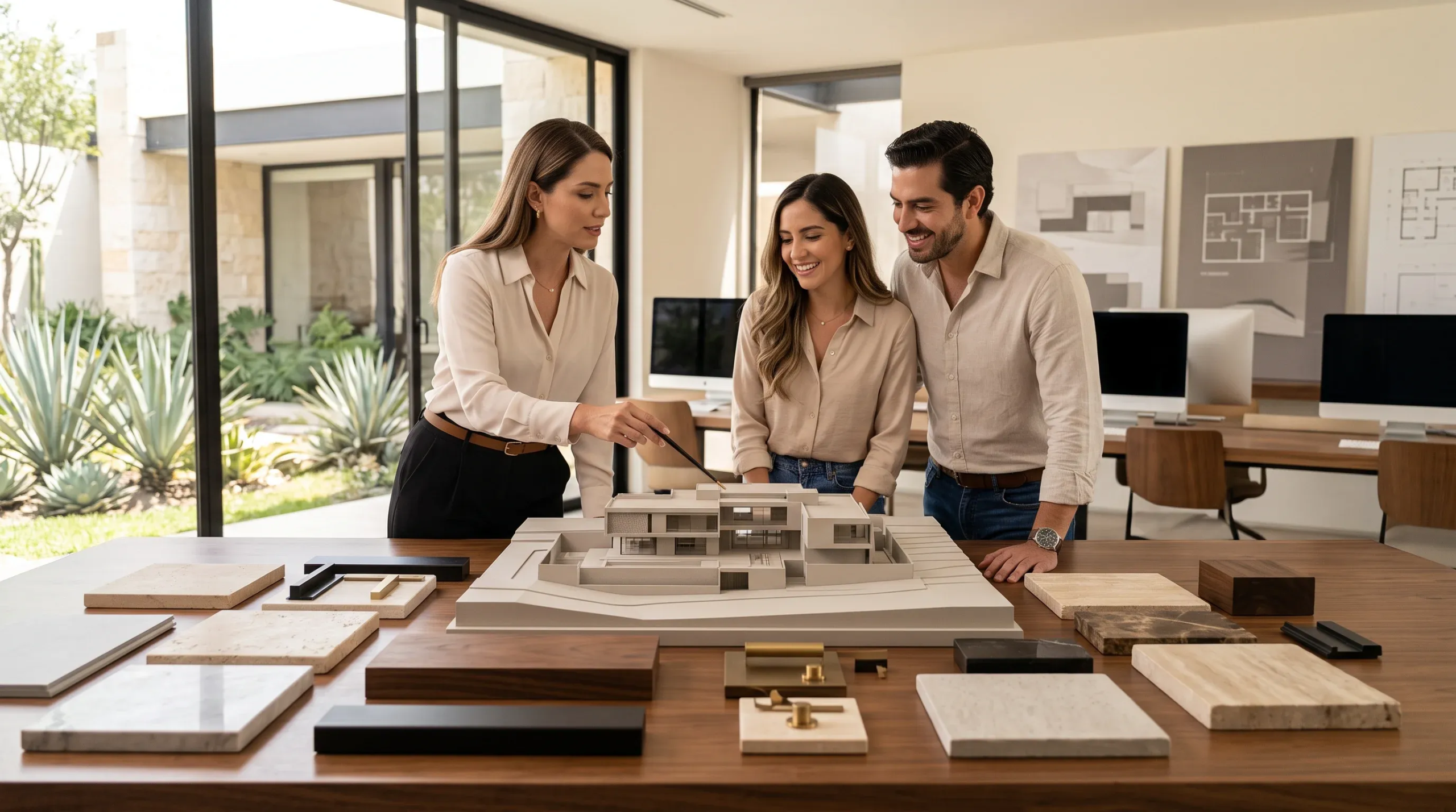 Vista de un arquitecto señalando con un lápiz óptico una maqueta física detallada de una residencia moderna de varios niveles durante una presentación al cliente en un estudio. La gran mesa de trabajo de madera exhibe muestras de materiales como losetas de travertino, bloques de nogal, losas de mármol y herrajes de latón, con pósters de planos y ventanales con vista a un jardín desértico de fondo, experiencia inmersiva de RBA Residences en Zapopan.