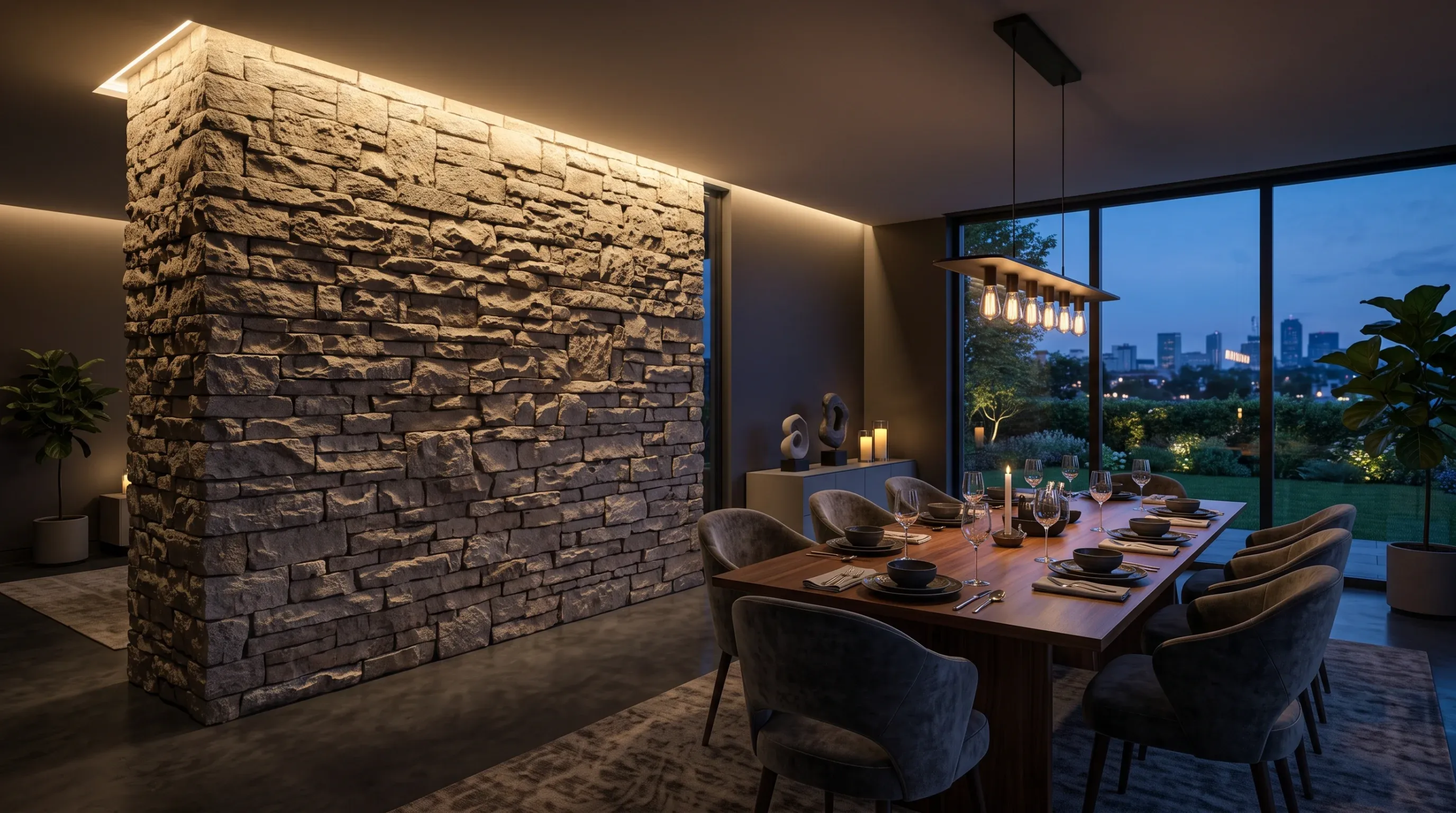 Vista de una evaluación de iluminación ambiental arquitectónica empotrada, integración de un muro de piedra texturizada y revisión de controles de iluminación para un comedor interior, representando el diseño atmosférico y la tecnología inteligente de RBA Residences en Zapopan.