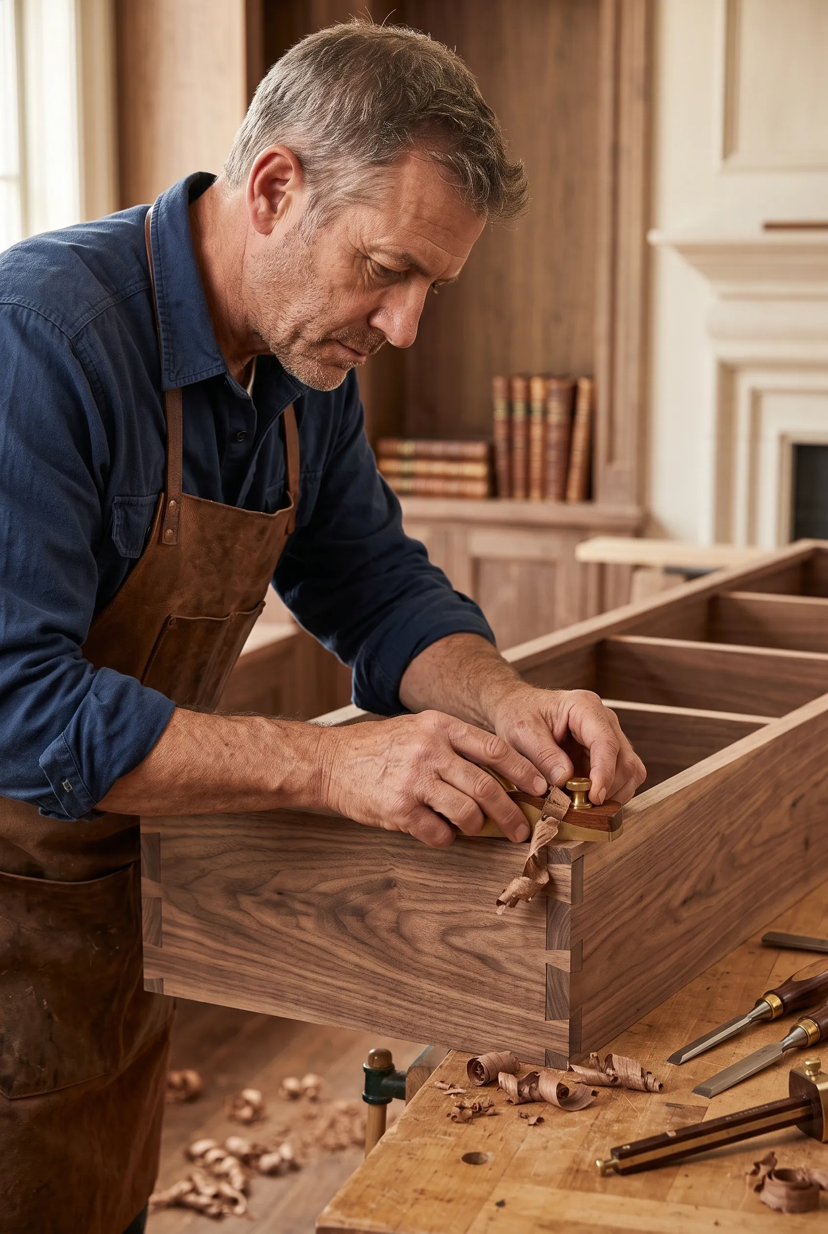 Vista de un carpintero experto con delantal de cuero alisando cuidadosamente el borde de una estructura de madera de nogal personalizada con un cepillo de mano, dentro de un taller de carpintería brillante y bien equipado, artesanía a medida de RBA Residences en Zapopan.