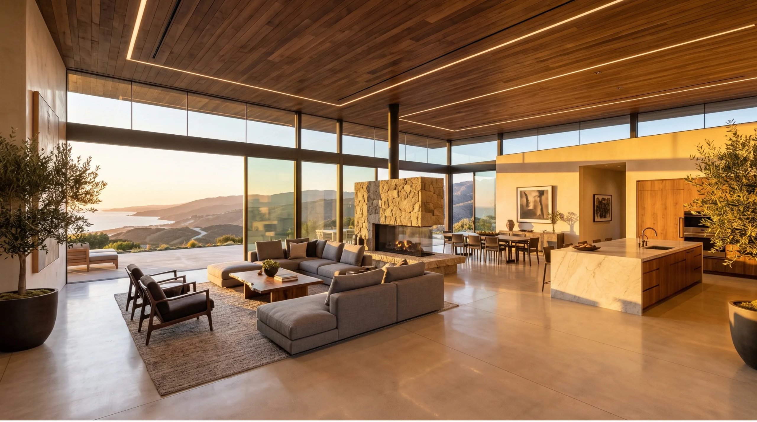 Interior expansivo de lujo de concepto abierto con techos de madera cálida, iluminación empotrada, chimenea central de piedra, isla de cocina de mármol y puertas de vidrio de pared a pared con vistas al atardecer sobre un paisaje montañoso costero, diseño de RBA Residences en Zapopan.