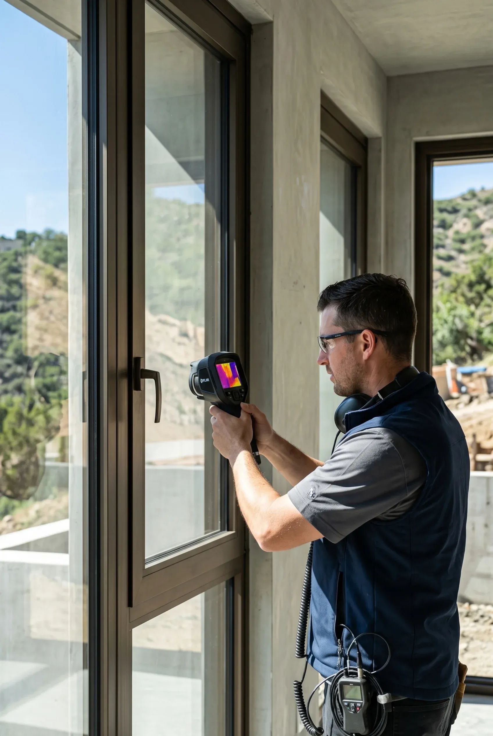 Vista de un inspector de construcci&oacute;n utilizando una c&aacute;mara termogr&aacute;fica para evaluar el aislamiento y la hermeticidad de las ventanas en una residencia moderna en construcci&oacute;n, validaci&oacute;n de eficiencia energ&eacute;tica de RBA Residences en Zapopan.