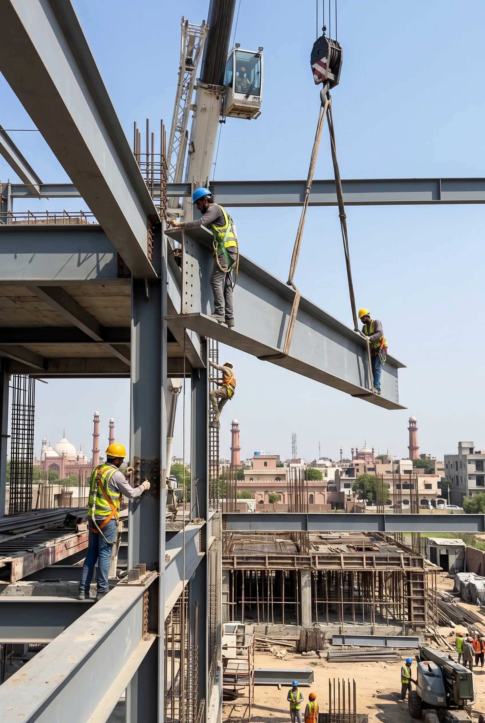 Trabajadores de la construcción asegurando una pesada viga de acero en I izada por una grúa sobre la estructura de un edificio de varios pisos, operaciones de izaje pesado de RBA Residences en Zapopan.