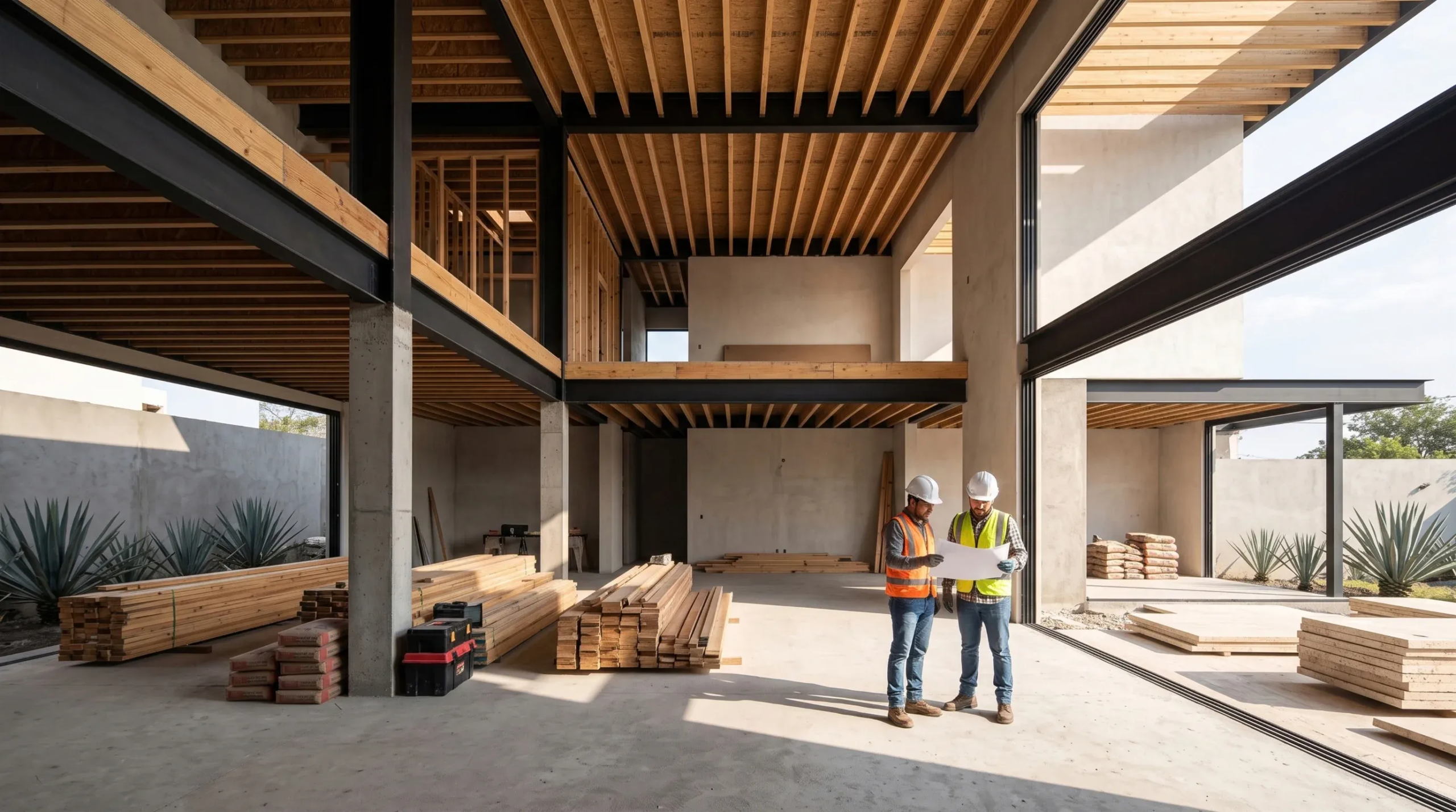 Vista gran angular de dos gerentes de sitio con cascos y chalecos de seguridad revisando planos arquitectónicos dentro de una residencia de lujo expansiva de doble altura en construcción, con vigas de acero expuestas y vigas de madera en el techo, validación conjunta en obra de RBA Residences en Zapopan.