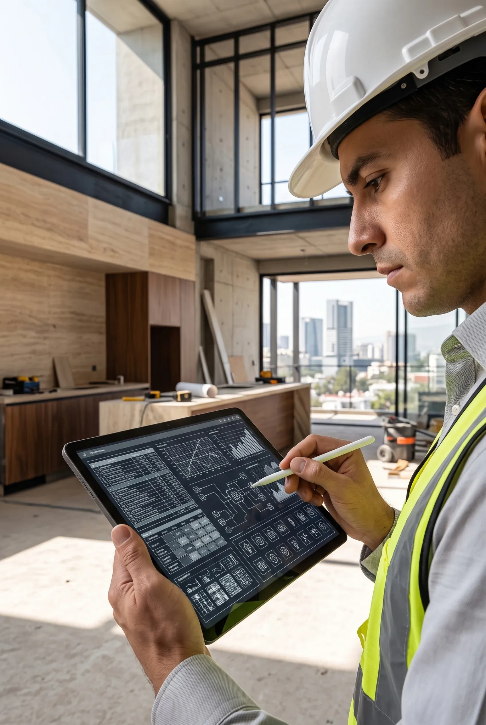 Vista de control de calidad en obra, auditoría de sitio de construcción e inspección de esquemas digitales MEP (mecánicos, eléctricos y plomería) en una tableta, garantizando estándares técnicos impecables y supervisión rigurosa de RBA Residences en Zapopan.
