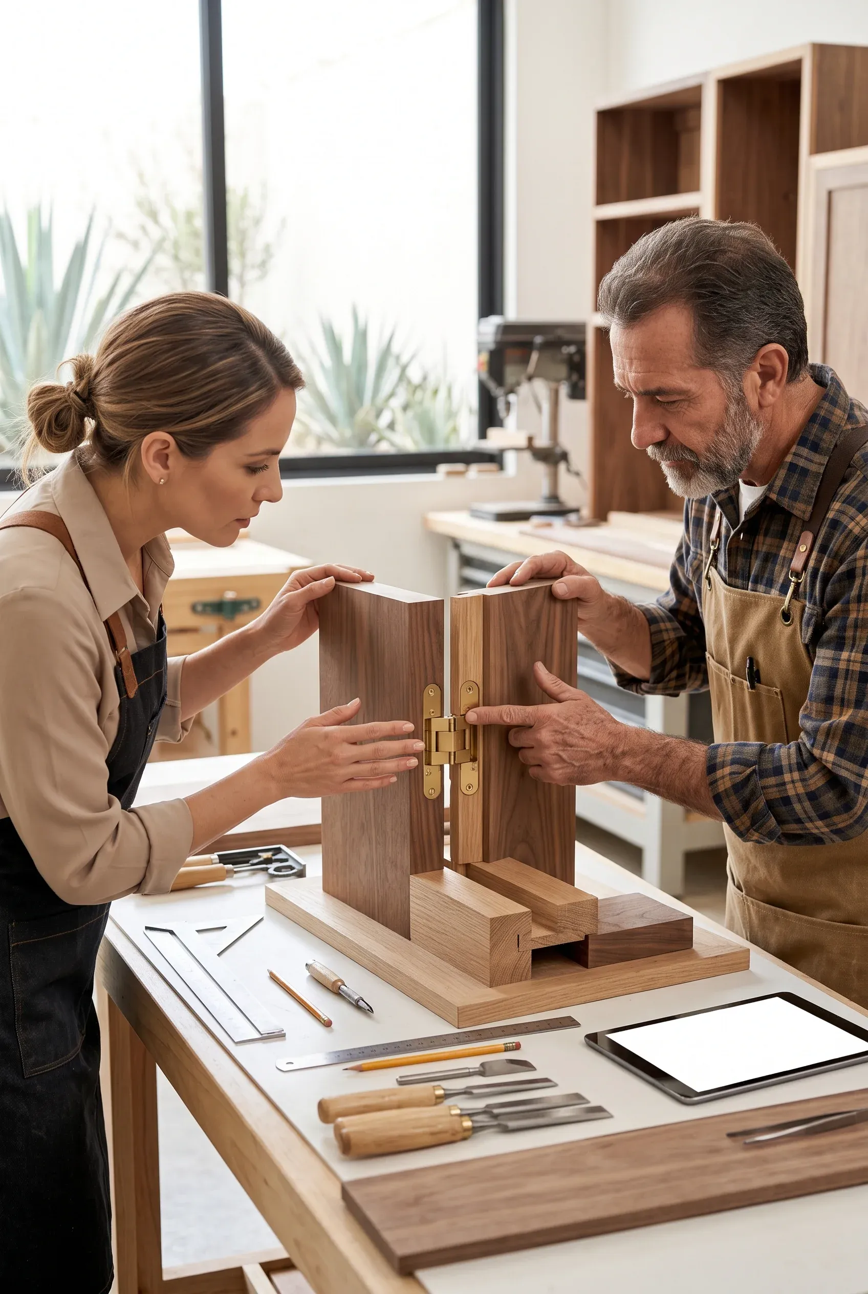 Vista de una inspección de maqueta de gabinetes de nogal a medida, alineación de bisagras de latón ocultas y verificación de detalles de ebanistería, representando la artesanía en madera y la precisión en los acabados de RBA Residences en Zapopan.