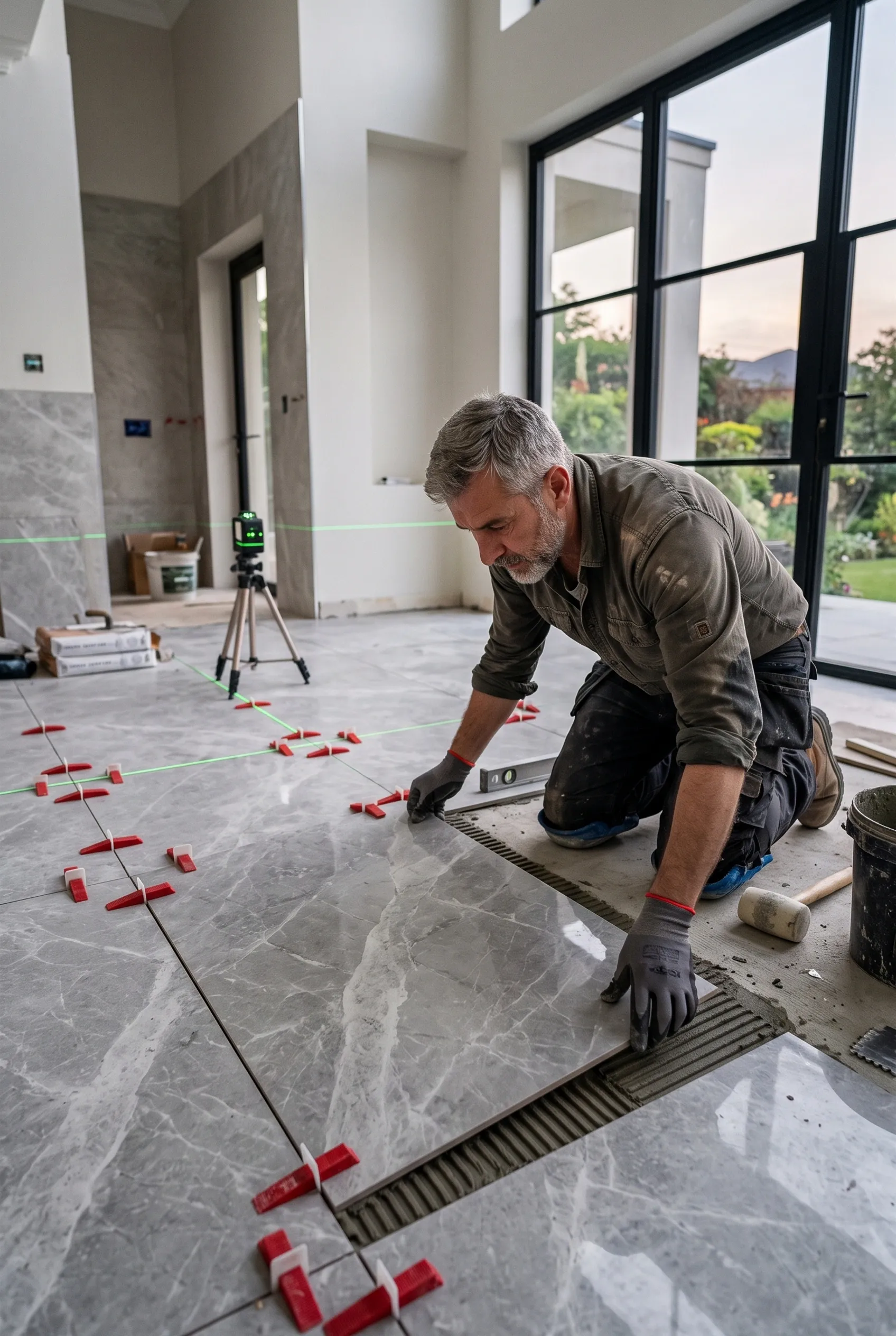 Artesano especializado arrodillado sobre almohadillas de trabajo alineando con precisión una baldosa de mármol gris de gran formato usando clips niveladores rojos y una línea láser autonivelante verde, dentro de una casa de lujo moderna en construcción con puertas de patio de vidrio de piso a techo, precisión láser de RBA Residences en Zapopan.