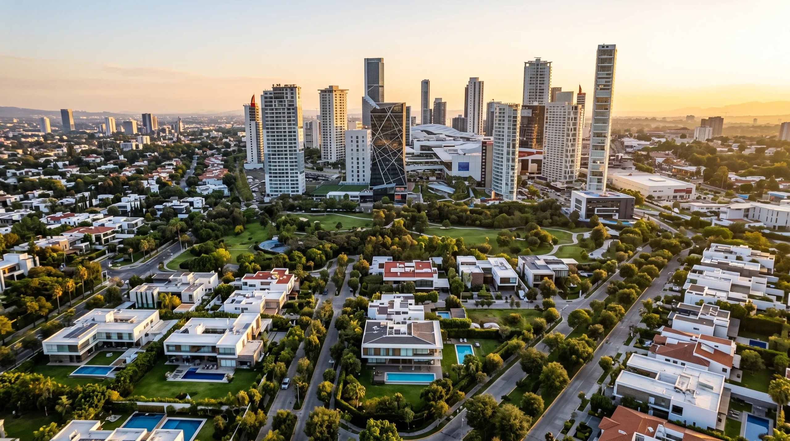 Vista a&eacute;rea de paisaje urbano planificado con villas residenciales de lujo y albercas privadas junto a un parque verde exuberante, enmarcado por el horizonte de un distrito financiero moderno bajo luz dorada, ubicaci&oacute;n privilegiada de RBA Residences en Zapopan.