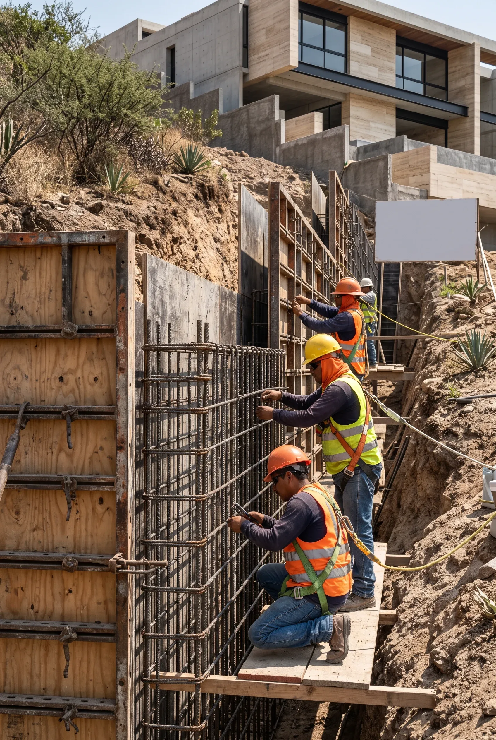 Vista de un equipo de construcción ensamblando jaulas de refuerzo de acero y encofrado de madera para un muro de contención en ladera, bajo una residencia de lujo aterrazada, ingeniería de cimentación robusta de RBA Residences en Zapopan.