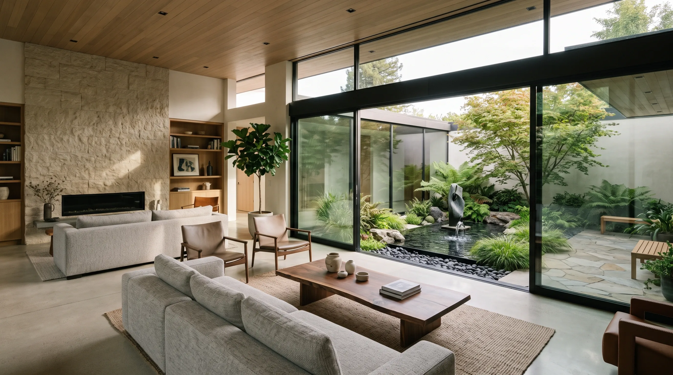 Interior de residencia de lujo de concepto abierto con techos de madera clara, muro de acento de piedra texturizada con chimenea moderna, sofás contemporáneos neutros y puertas de vidrio de piso a techo hacia un patio interior sereno con vegetación exuberante y fuente de agua, diseño biofílico de RBA Residences en Zapopan.