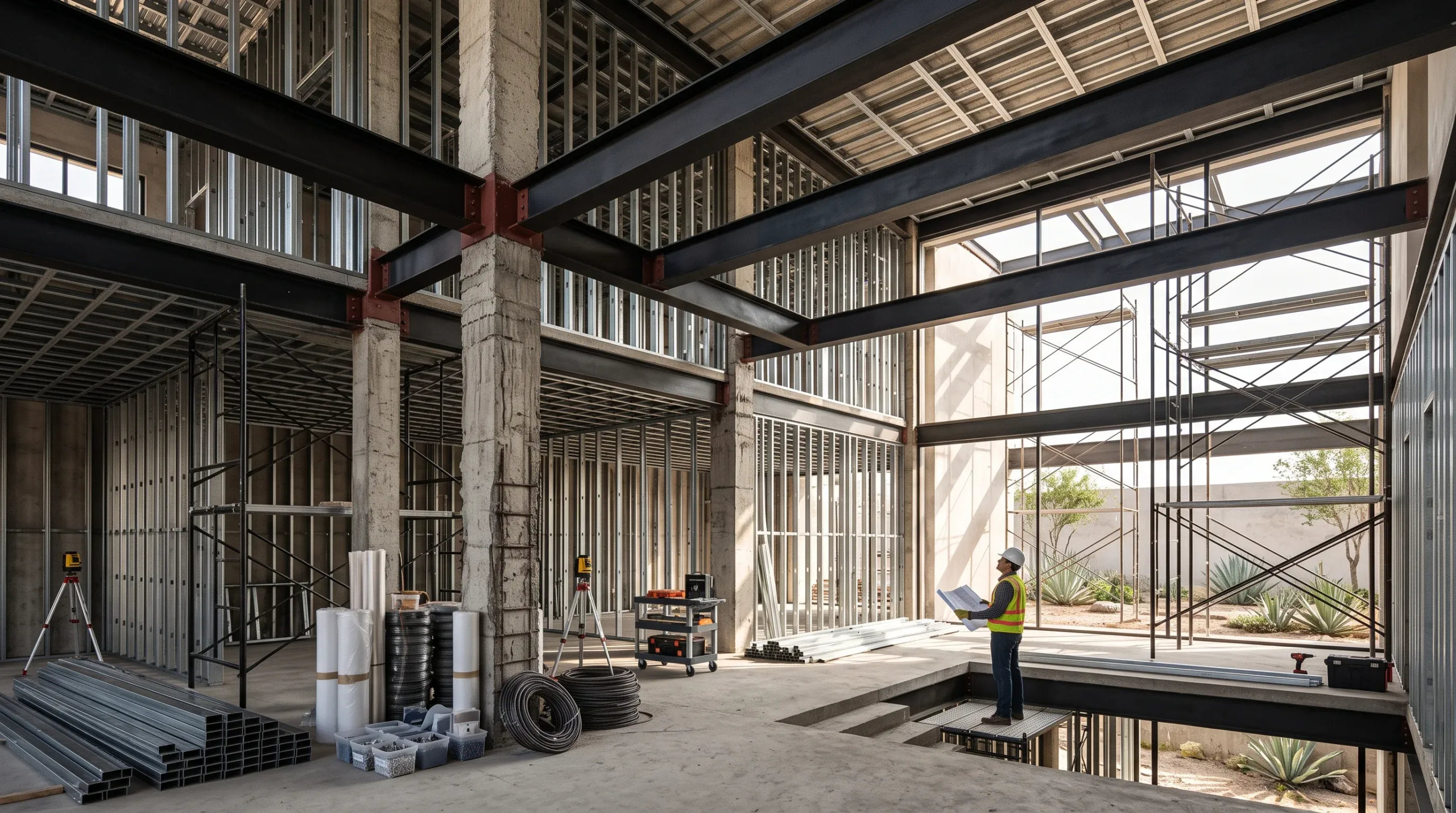 Vista gran angular del interior de una estructura residencial de lujo de acero y concreto en fase de enmarcado, con vigas I de acero negro expuestas, particiones de montantes metálicos, andamios y materiales apilados como rollos eléctricos y niveles láser. Un trabajador con casco blanco y chaleco amarillo de alta visibilidad sostiene planos físicos cerca de una ventana de doble altura, mirando hacia la estructura, precisión estructural de RBA Residences en Zapopan.