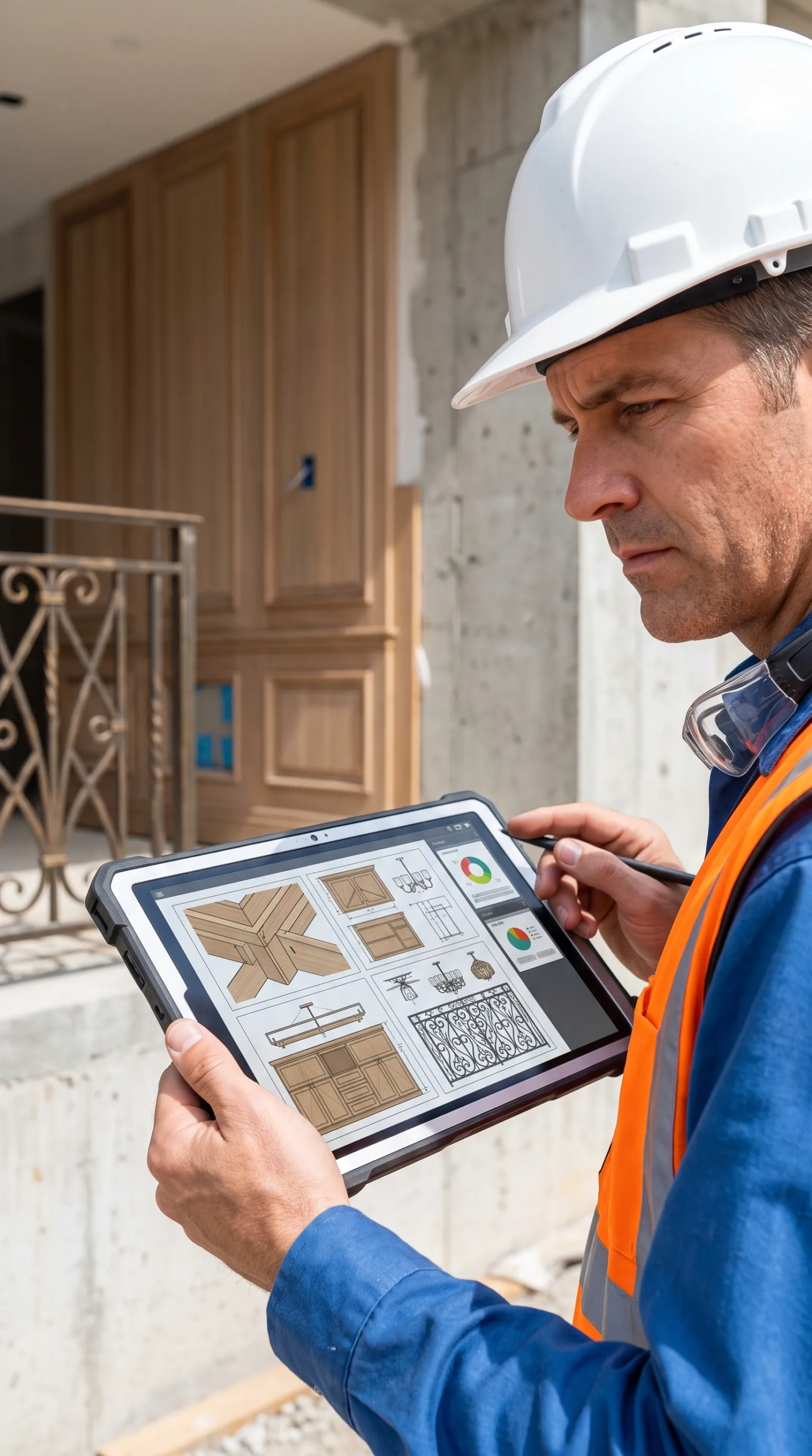 Inspector de obra con casco revisando esquemas de dise&ntilde;o de ebanister&iacute;a arquitect&oacute;nica y herrer&iacute;a en una tableta resistente, validaci&oacute;n de detalles personalizados de RBA Residences en Zapopan.
