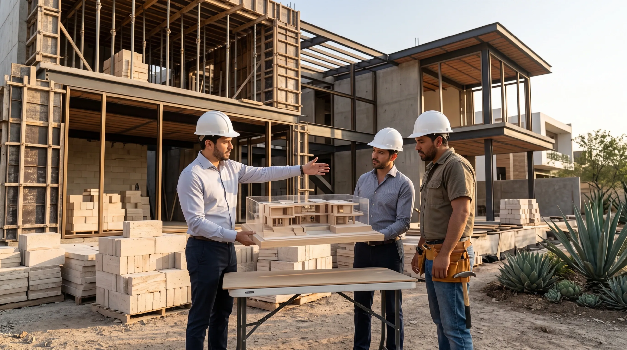 Vista de una maqueta arquitectónica a escala encerrada en una caja de acrílico, descansando sobre una mesa plegable en el sitio de construcción, frente a una estructura residencial de varios pisos en construcción con encofrado de concreto, estructura de vigas de acero, apuntalamiento de madera y bloques de piedra apilados, visualización tangible de RBA Residences en Zapopan.