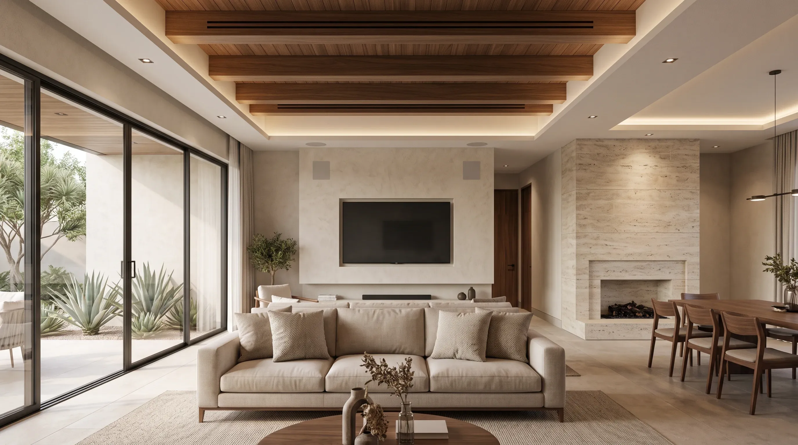 Vista de una sala de estar de lujo de concepto abierto con sofá seccional de lino beige, techo de madera listonada con difusores lineales, televisor empotrado, chimenea de travertino y comedor junto a ventanales hacia un patio desértico, fluidez social y calidez de RBA Residences en Zapopan.