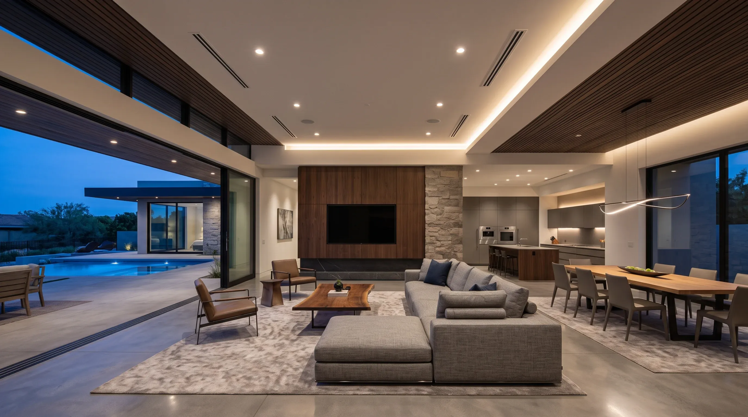 Vista al atardecer de una residencia expansiva de planta abierta interior-exterior con piso de concreto pulido que continúa hacia una alberca iluminada. La sala cuenta con sofá seccional gris, mesa de centro de madera viva, muro de nogal con TV empotrada, techo de madera listonada con iluminación ambiental y un comedor formal, fluidez nocturna y diseño de RBA Residences en Zapopan.
