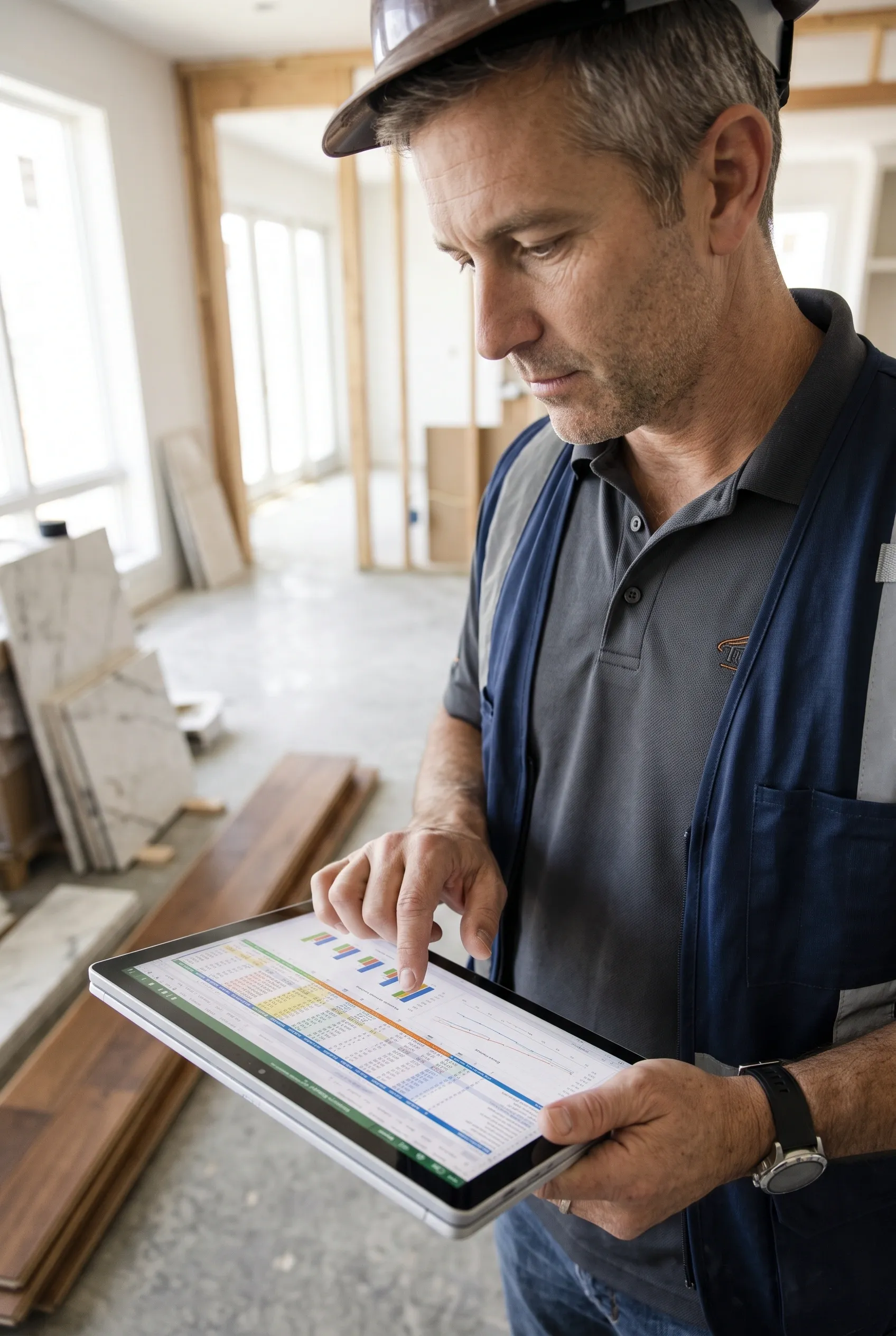 Vista de una hoja de cálculo digital de gestión de construcción en una tableta, dentro de un interior residencial en renovación con losetas de mármol apiladas, tablones de piso de madera y estructura de paredes de madera, optimización de recursos de RBA Residences en Zapopan.