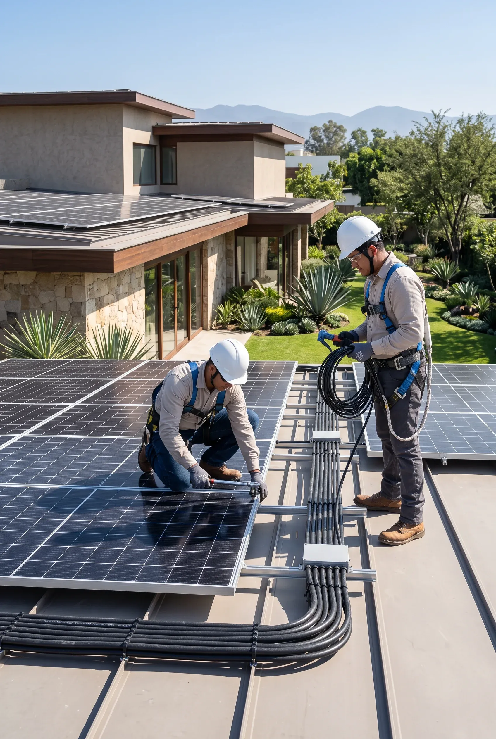 Vista de técnicos solares con arneses de seguridad y cascos instalando paneles fotovoltaicos y canalizando conductos eléctricos en el techo de una residencia moderna de lujo, infraestructura sostenible y seguridad en obra de RBA Residences en Zapopan.