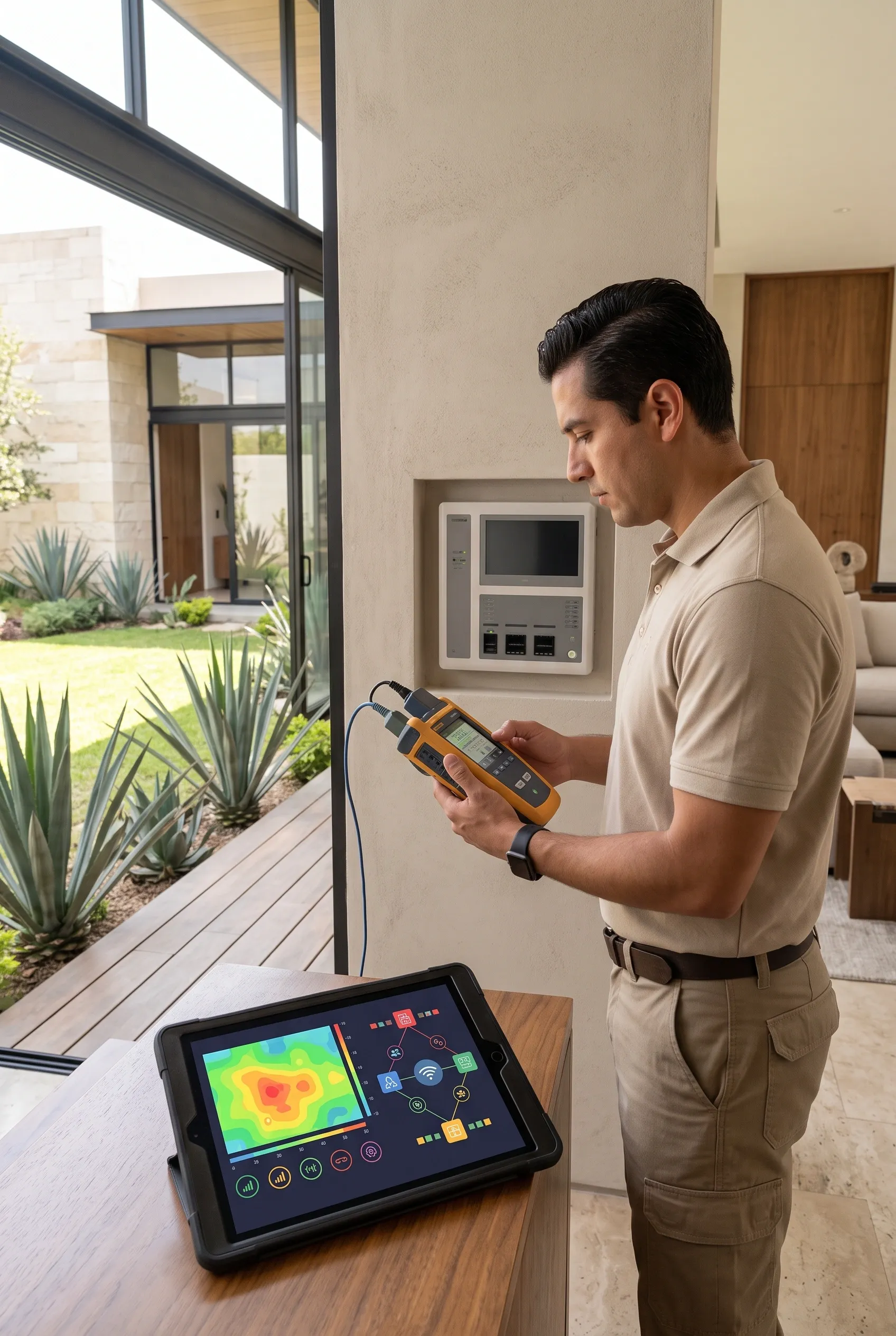 Técnico de campo realizando análisis de señal Wi-Fi con un analizador de red portátil y tableta de mapeo térmico dentro de una residencia moderna de lujo, optimización de conectividad de RBA Residences en Zapopan.