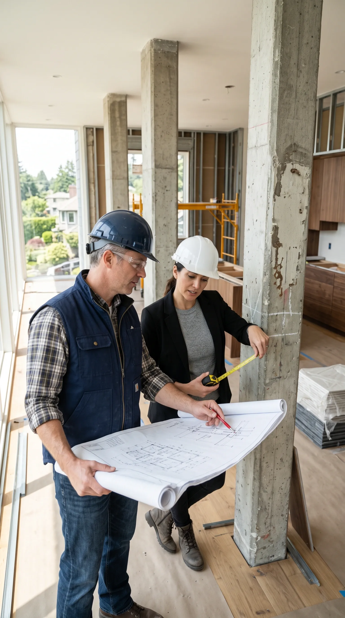 Vista de un arquitecto o gerente de proyecto con casco blanco, chaqueta negra y camiseta gris, utilizando una cinta métrica amarilla para verificar dimensiones en un pilar estructural de concreto, exactitud milimétrica de RBA Residences en Zapopan.