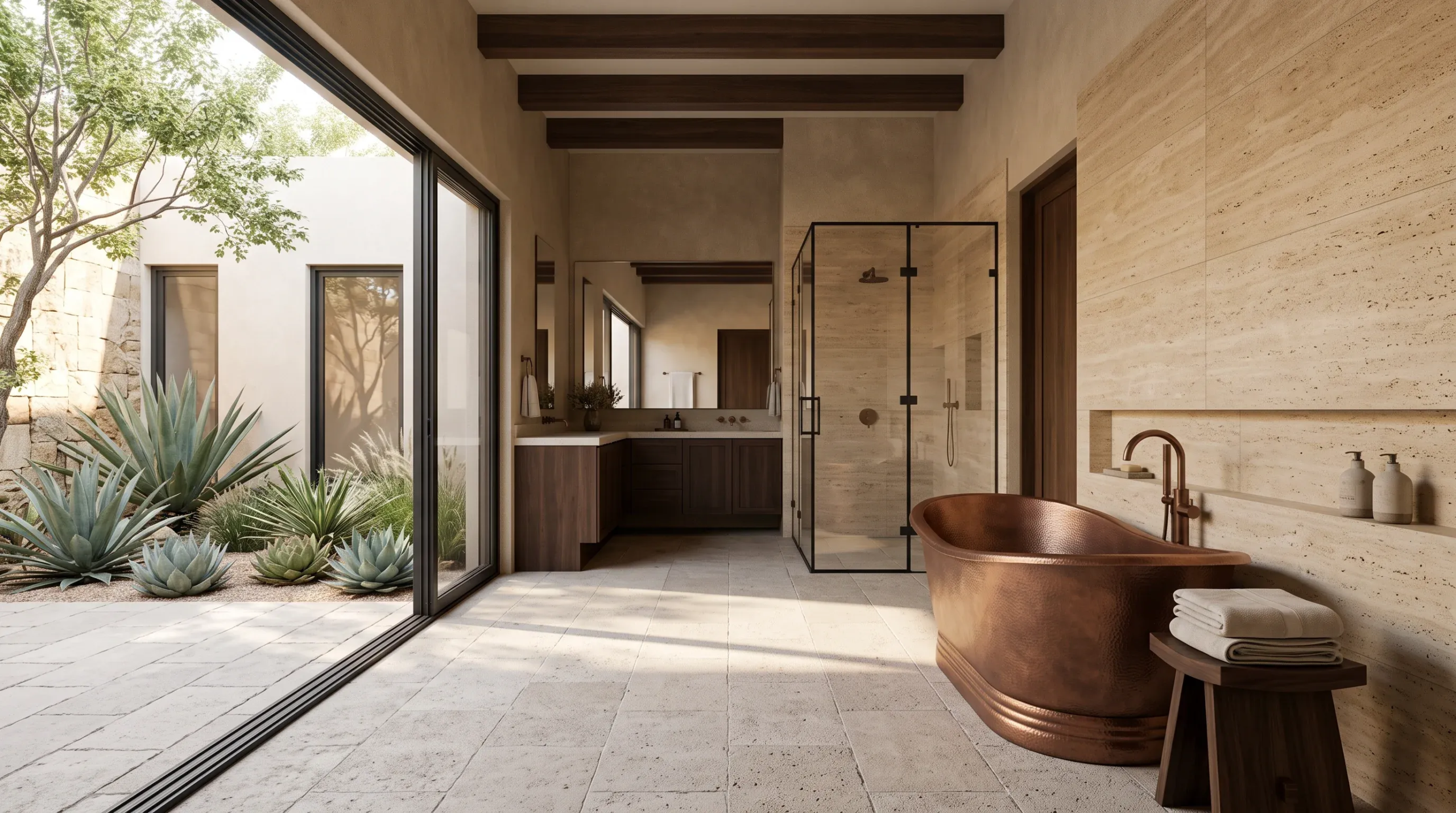 Vista de un baño de concepto abierto de lujo con paredes y pisos de loseta de piedra travertino, vigas de madera oscura en el techo, una tina de remojo independiente de cobre martillado y una ducha con enclosure de vidrio. La vanidad presenta gabinetes de nogal oscuro, mientras que amplias puertas corredizas de vidrio de piso a techo se abren a un patio desértico privado y soleado con agaves, santuario de bienestar de RBA Residences en Zapopan.