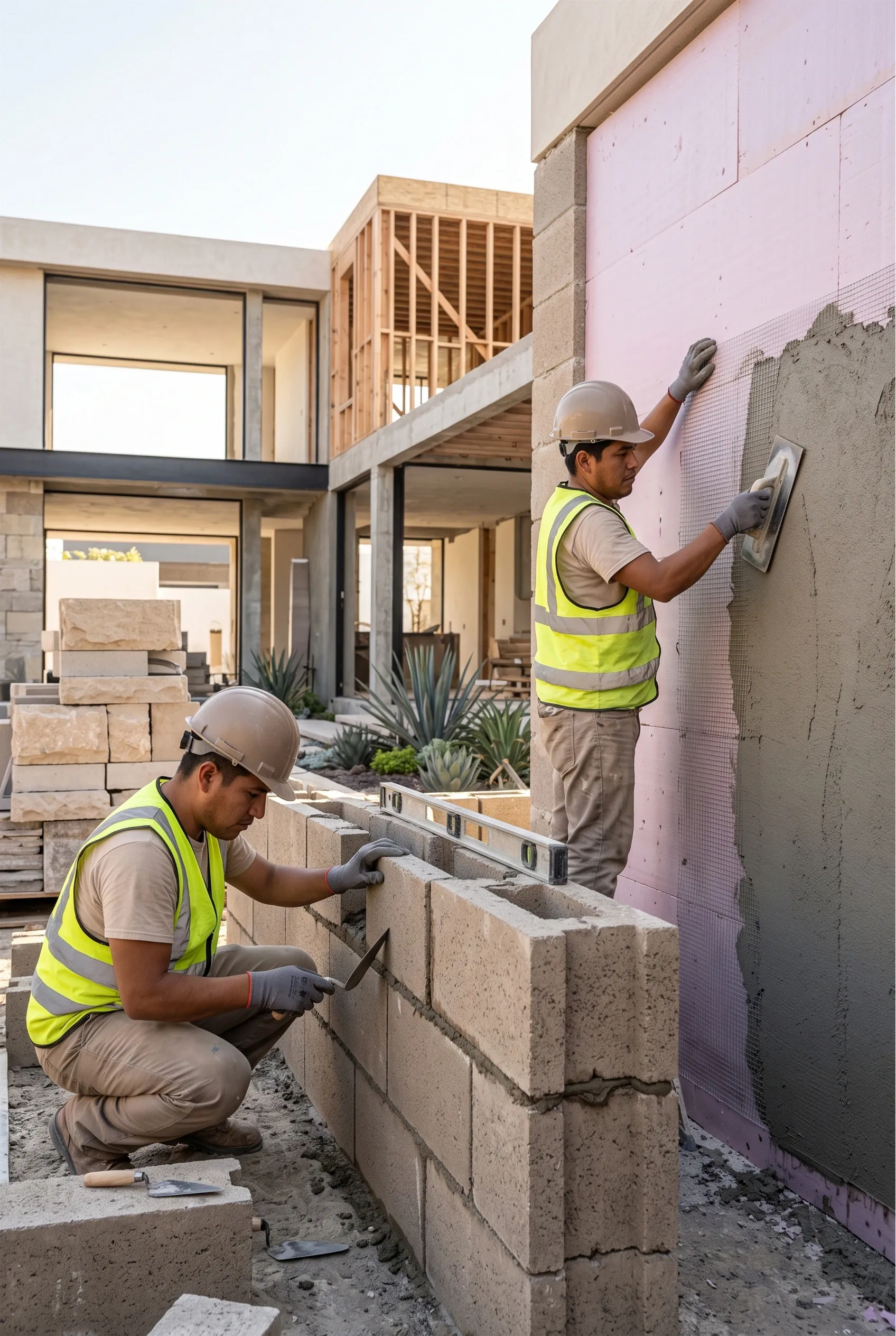 Vista de trabajo activo de construcci&oacute;n mostrando ensamblaje de muro de bloques de concreto con nivel, aplicaci&oacute;n de yeso EIFS sobre malla de fibra de vidrio y aislamiento de espuma r&iacute;gida, estructura de madera expuesta, bloques de piedra natural apilados y vigas de acero estructural, eficiencia t&eacute;rmica de RBA Residences en Zapopan.