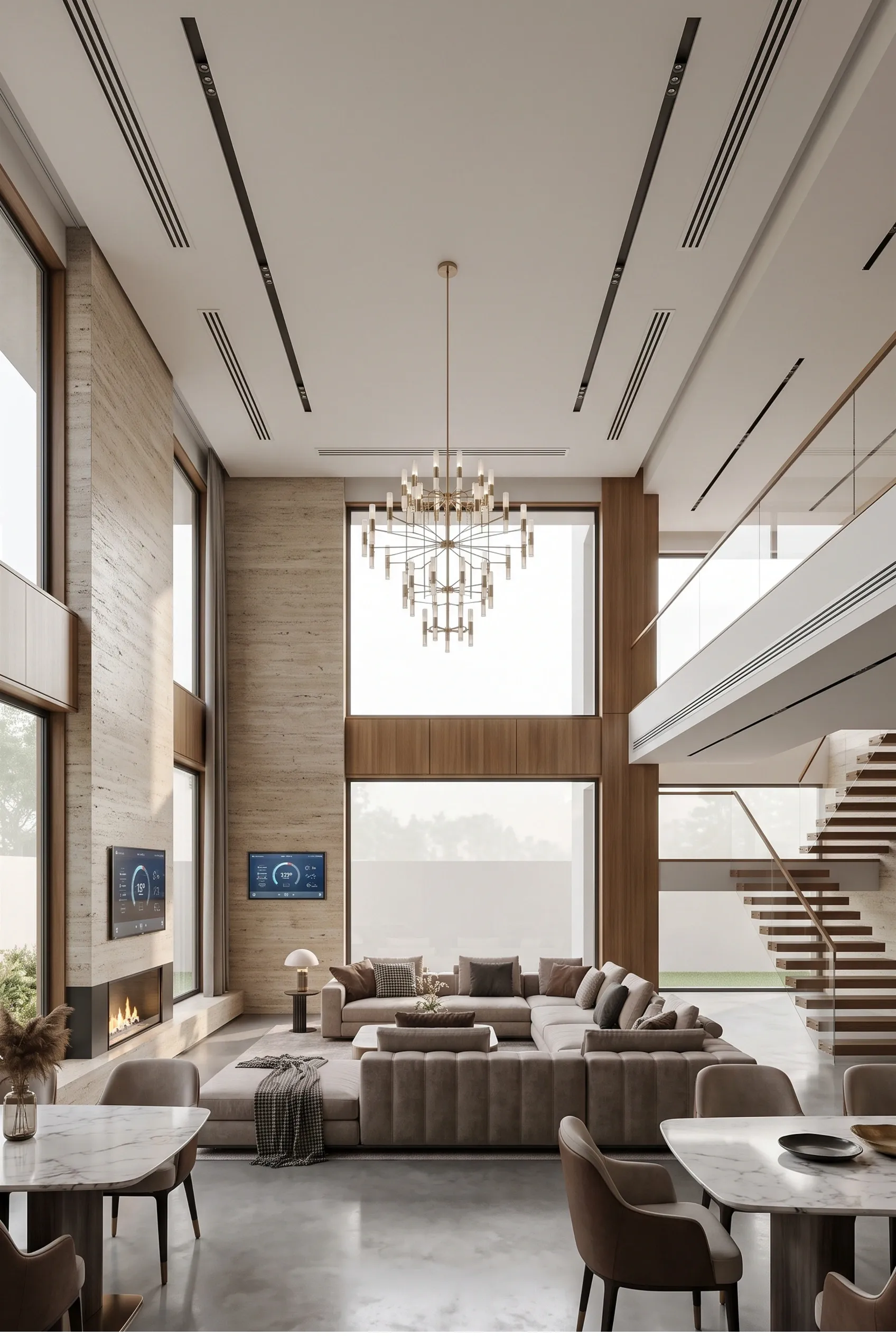 Sala de estar de lujo de doble altura centrada en un enorme candelabro de cristal, con pantallas inteligentes integradas, asientos seccionales acolchados y difusores lineales de techo altos, inteligencia ambiental de RBA Residences en Zapopan.