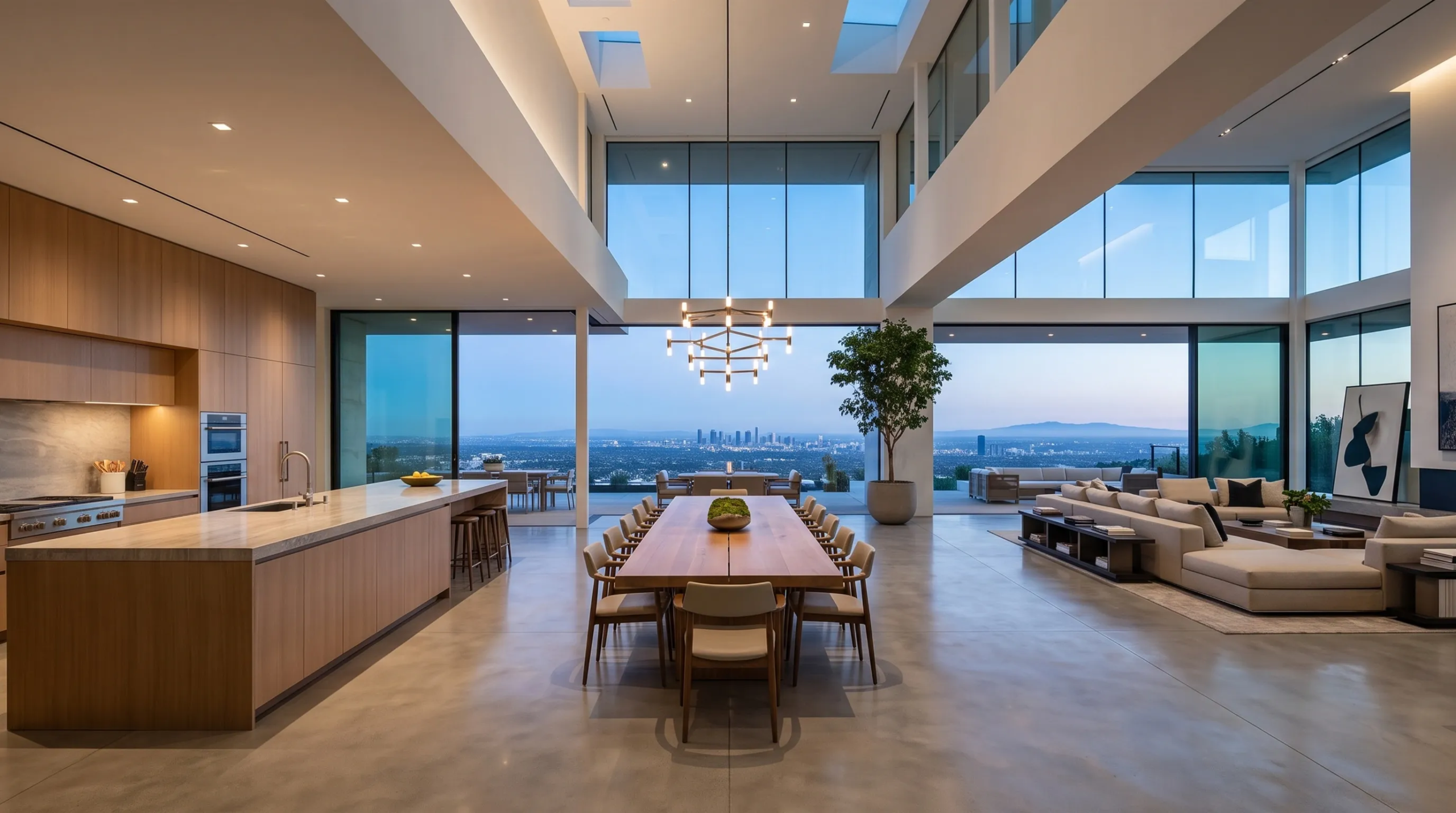 Interior de villa de lujo moderna de doble altura con distribución abierta, gabinetes de cocina de madera clara, mesa de comedor larga bajo candelabro moderno, pisos de concreto pulido y muros de vidrio de piso a techo con vista panorámica al horizonte urbano al atardecer, diseño de RBA Residences en Zapopan.